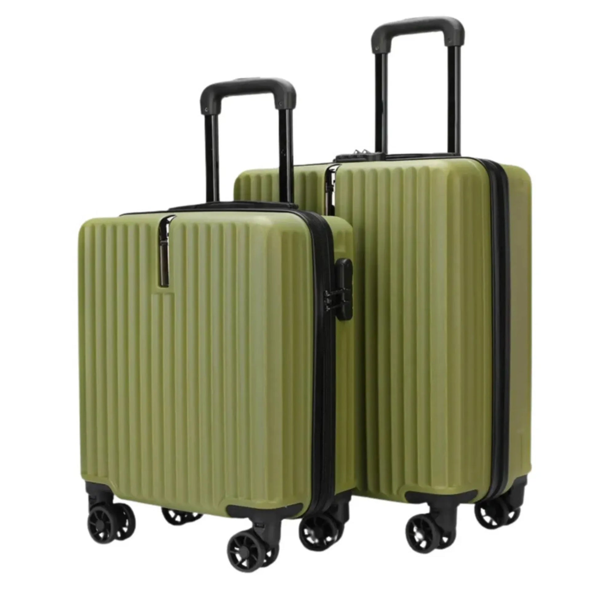 Two green suitcases with black handles and wheels on a white background