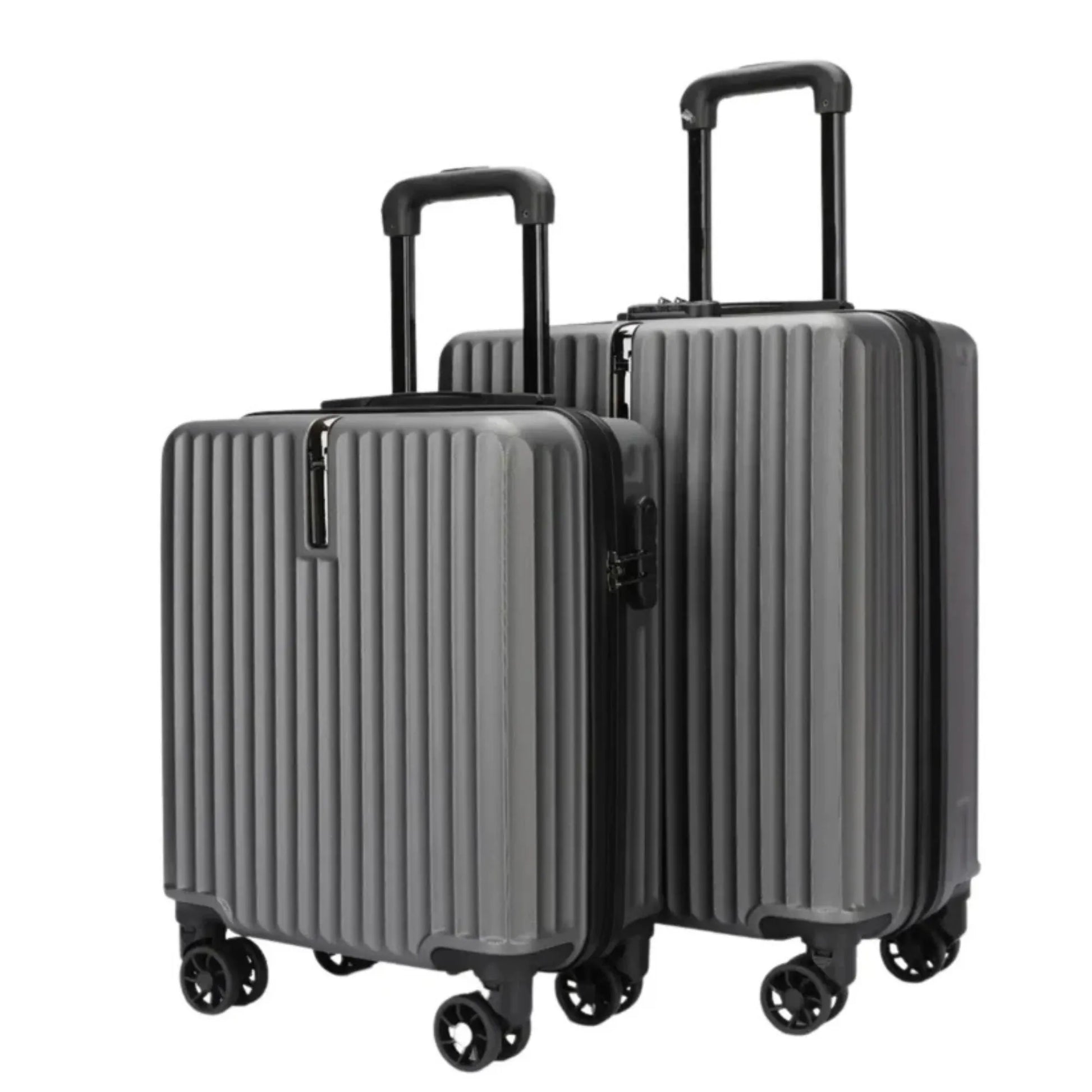 Three gray suitcases with black handles and wheels on a white background