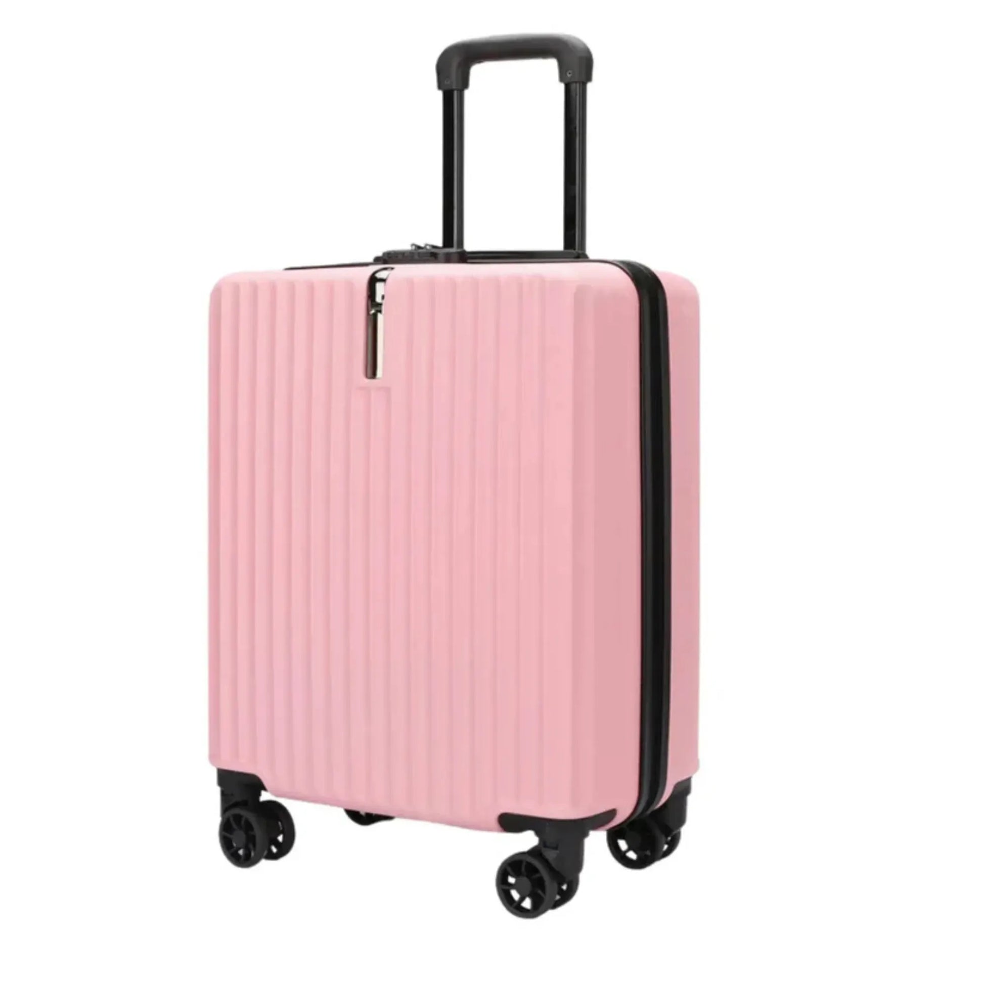 Pink suitcase with black handle and wheels on a white background