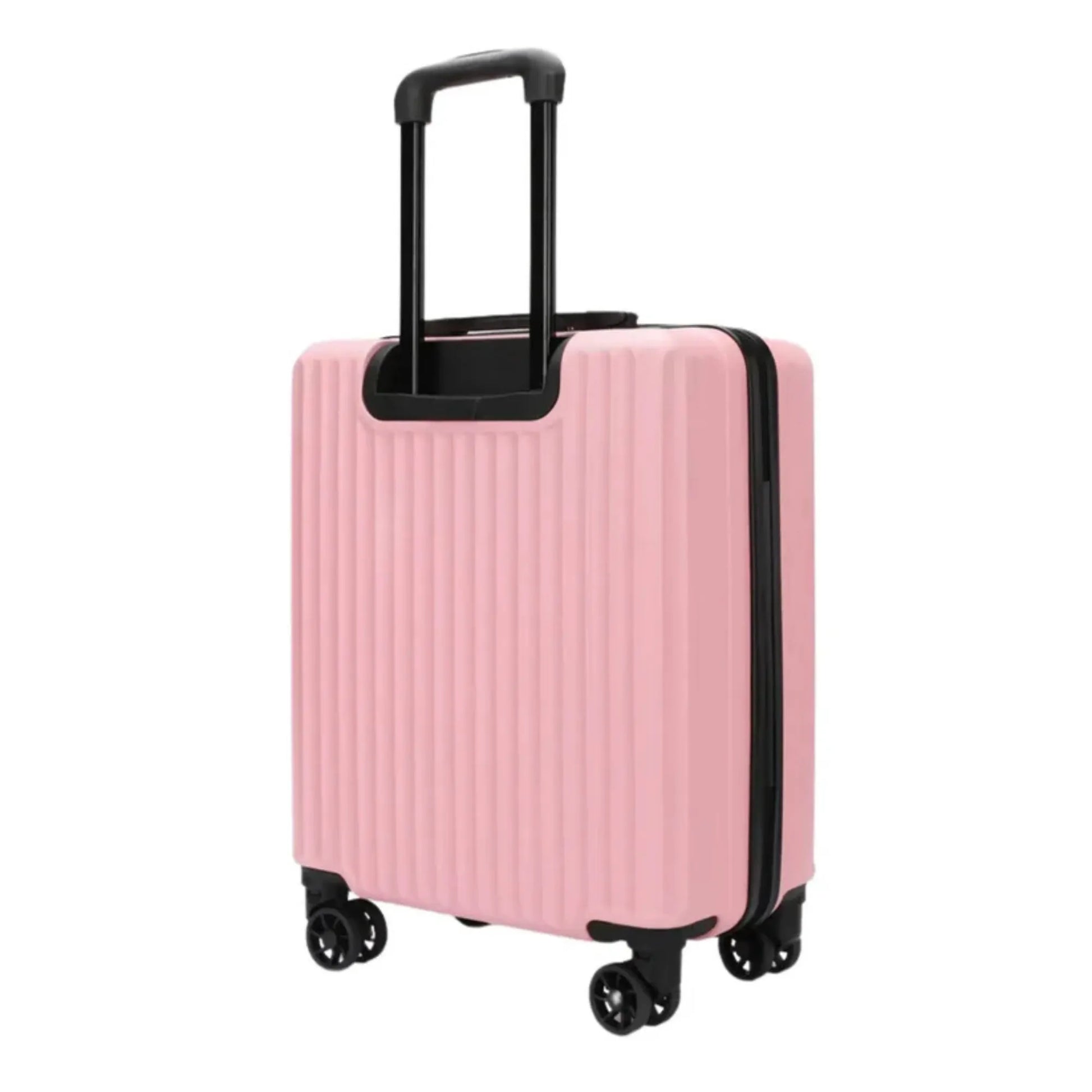 Pink suitcase with black handle and wheels on a white background