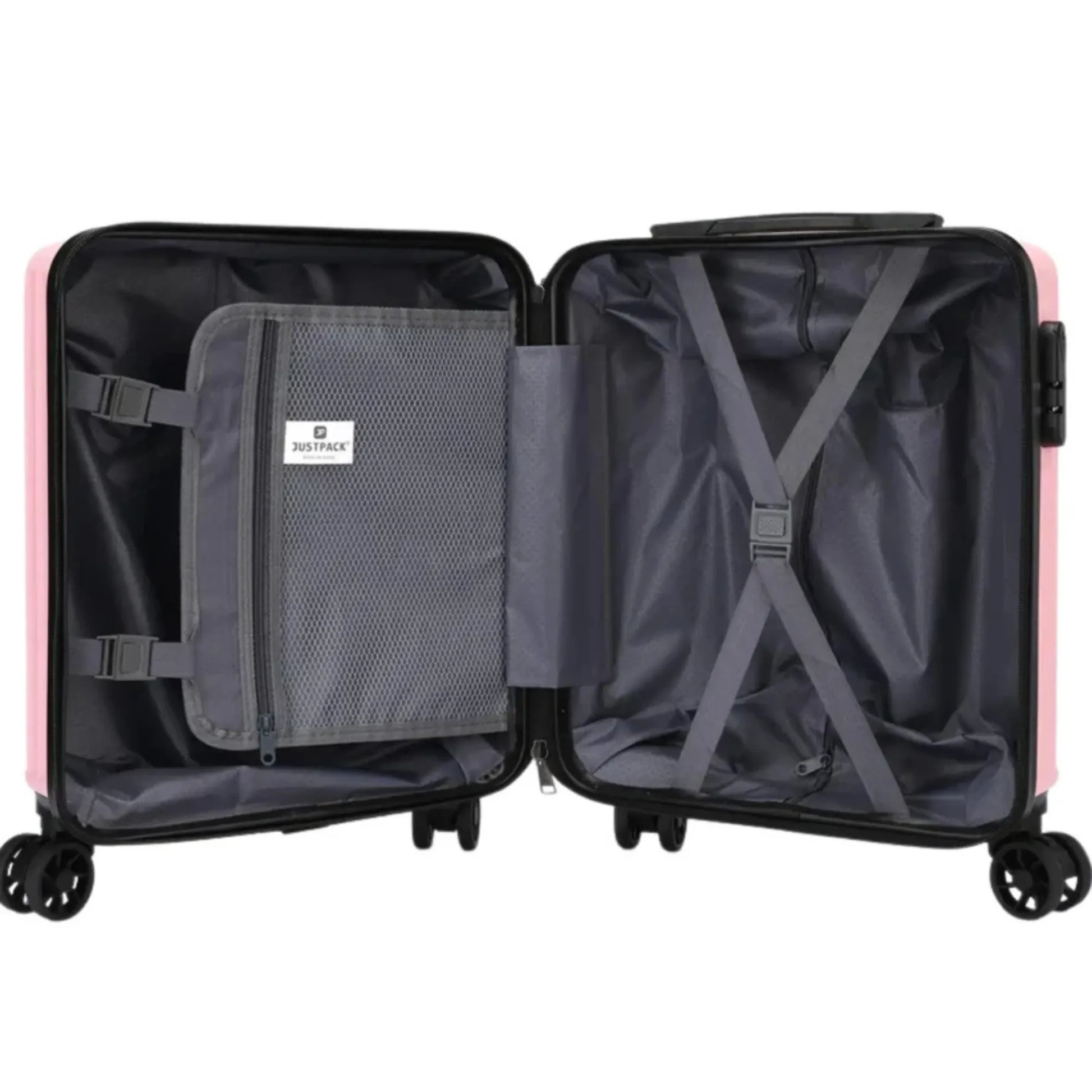 Open pink suitcase with gray interior on a white background