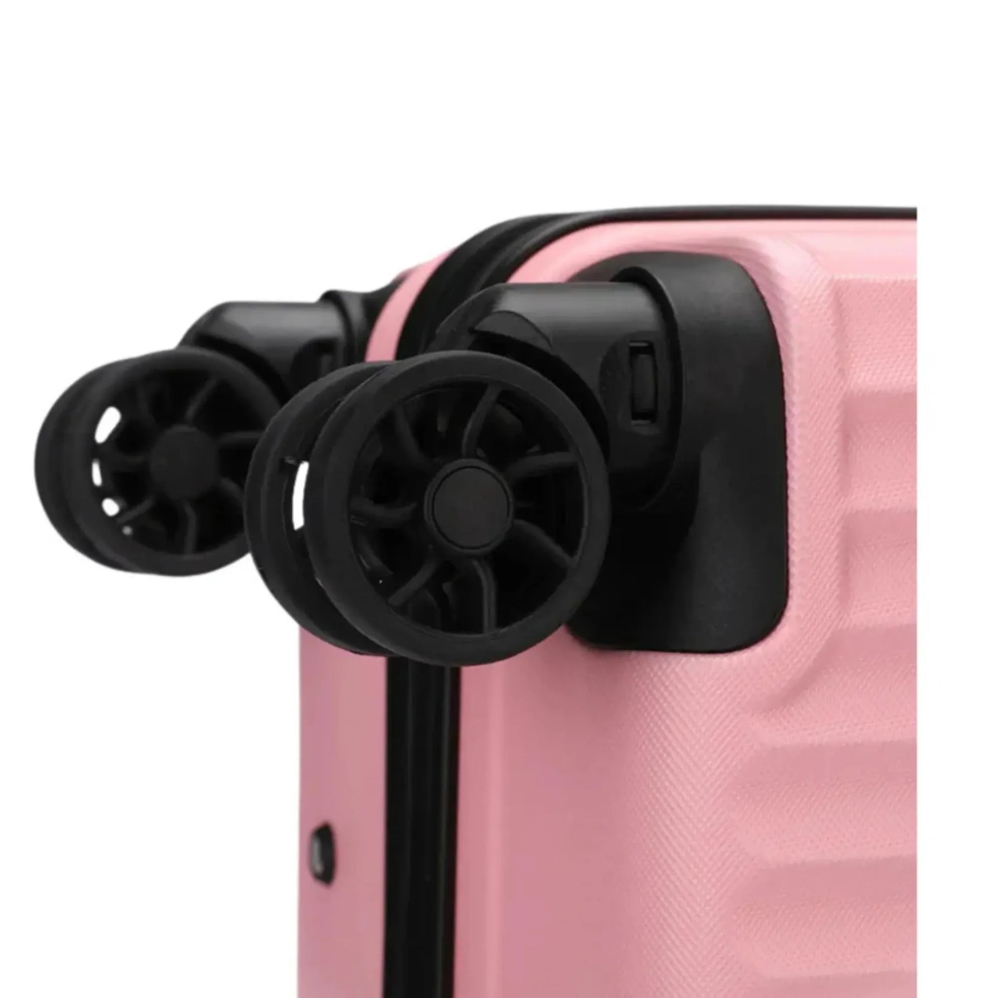 Pink suitcase with black handle and wheels on a white background