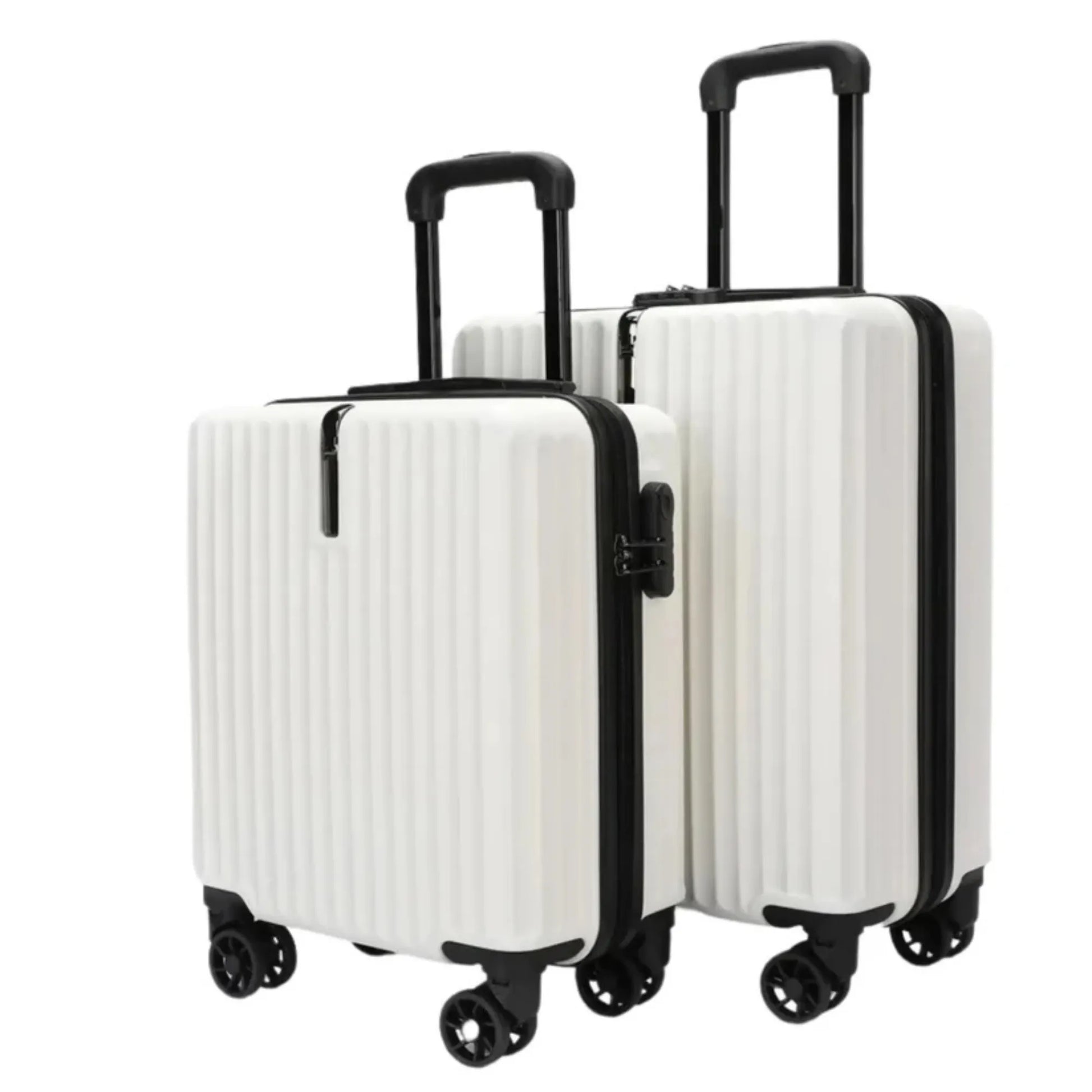 Two white suitcases with black handles and wheels on a white background