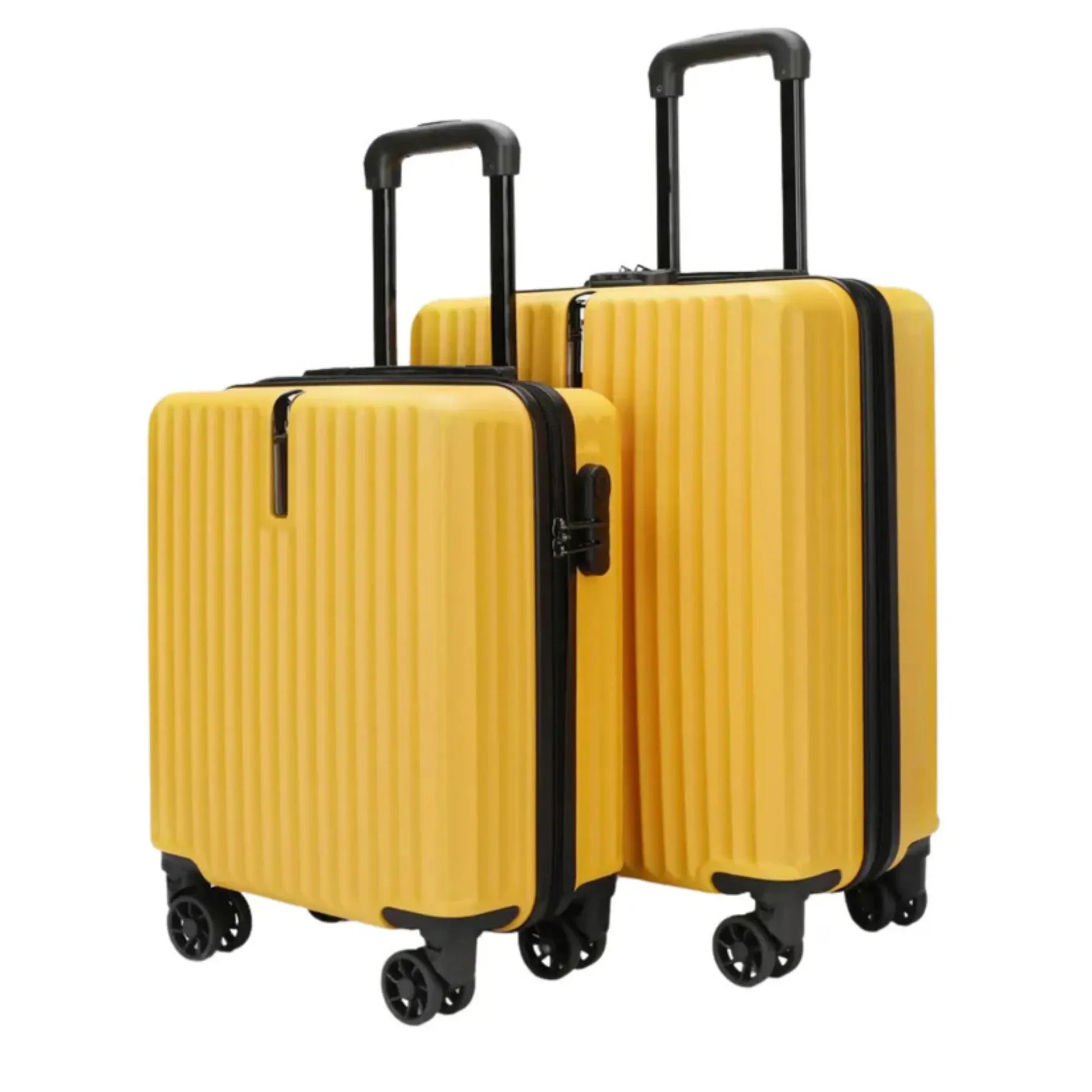 Two yellow suitcases with black handles and wheels on a white background