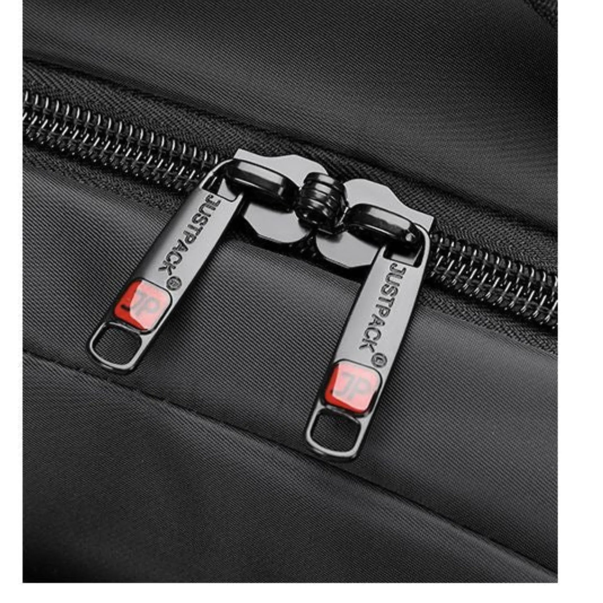 Close-up of a black suitcase with a zipper and a brand logo on a white background