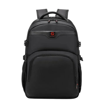 Black backpack with a visible brand logo on a white background
