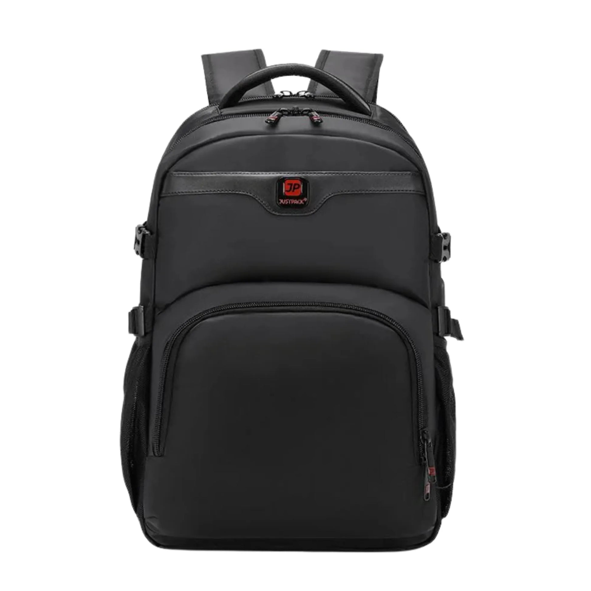 Black backpack with a visible brand logo on a white background