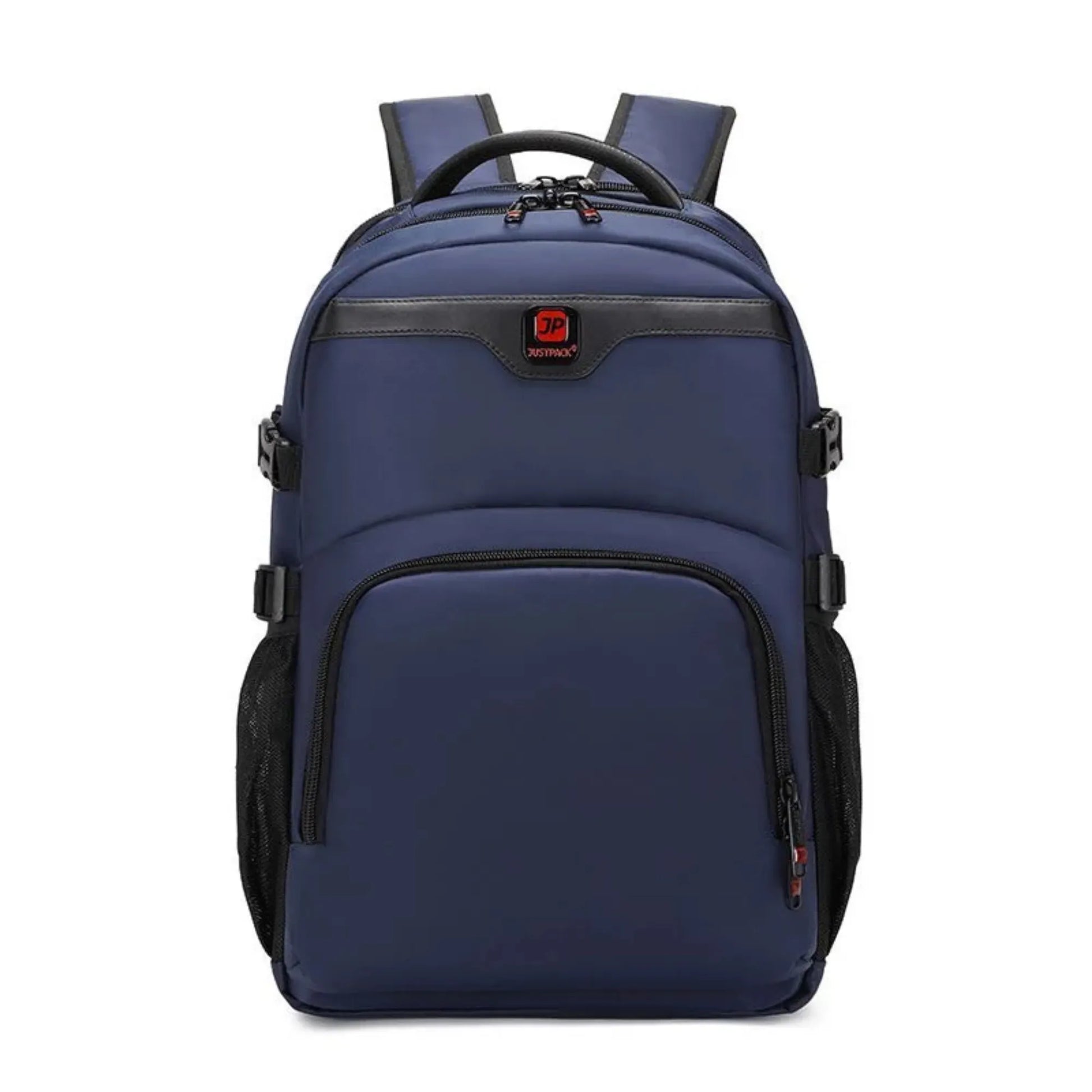 Blue backpack with black accents on a white background