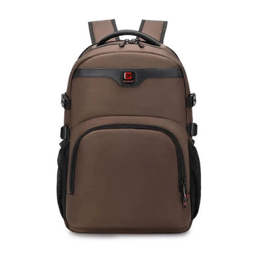 Brown backpack with black accents on a white background