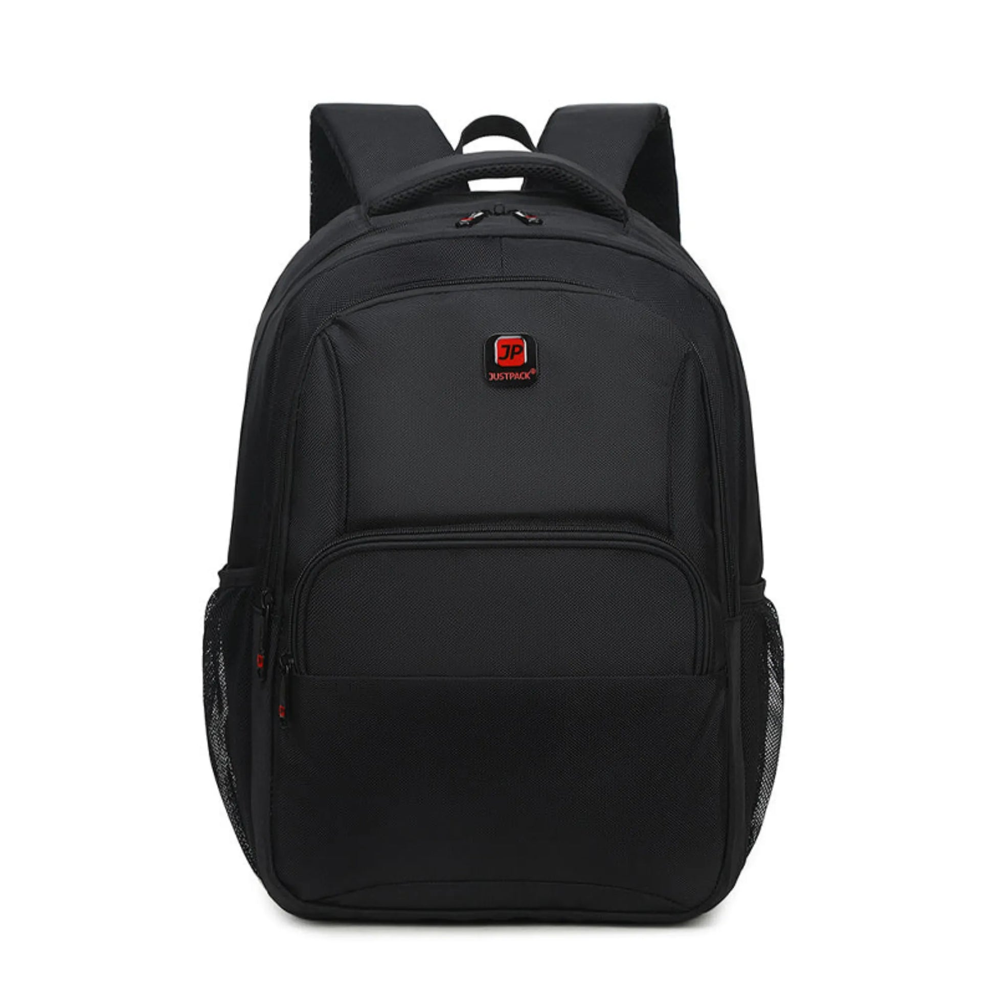 Black backpack with a brand logo on a white background
