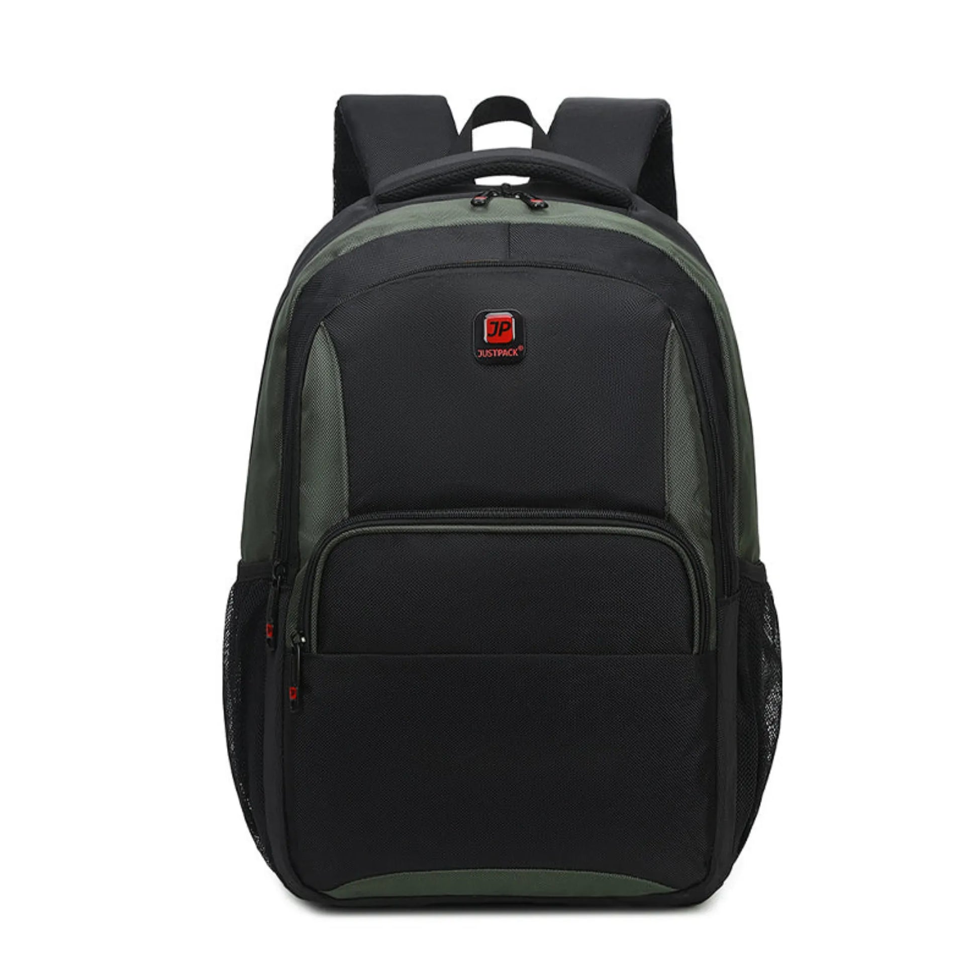 Black and gray backpack with a visible brand logo on a white background