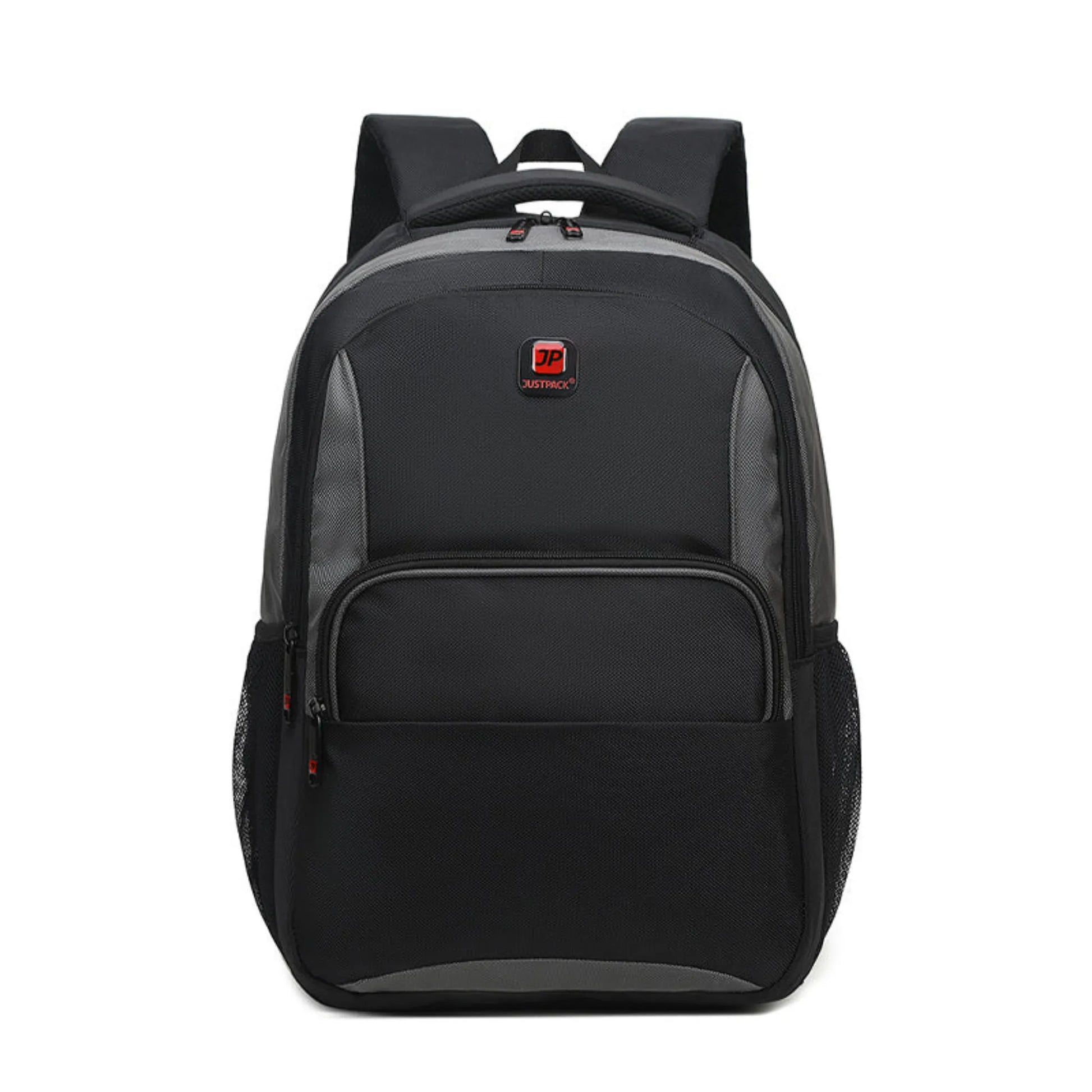 Black backpack with a visible brand logo on a white background