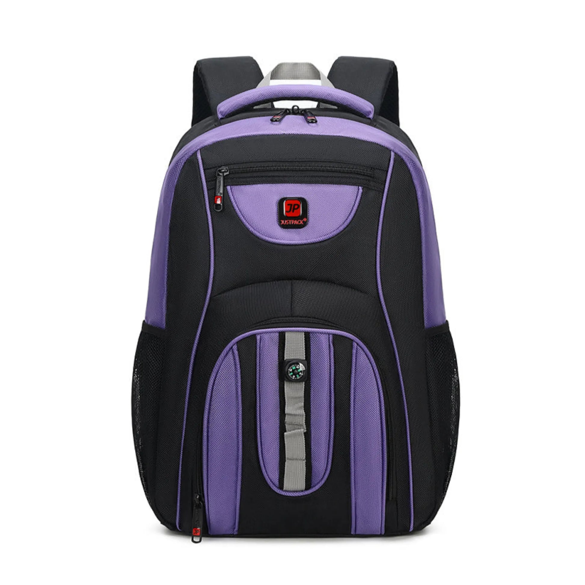 Black and purple backpack on a white background