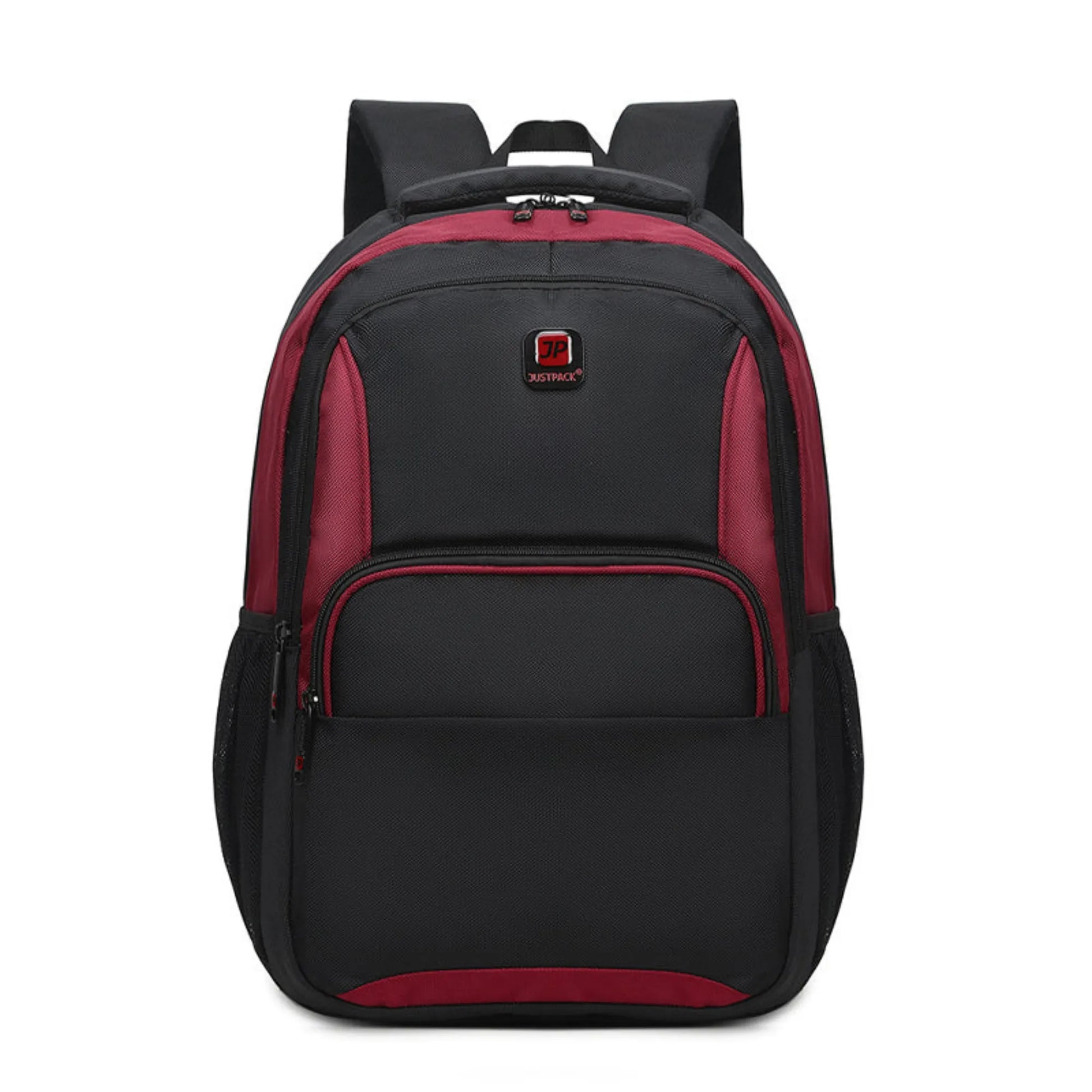Black and red backpack with a visible brand logo on a white background