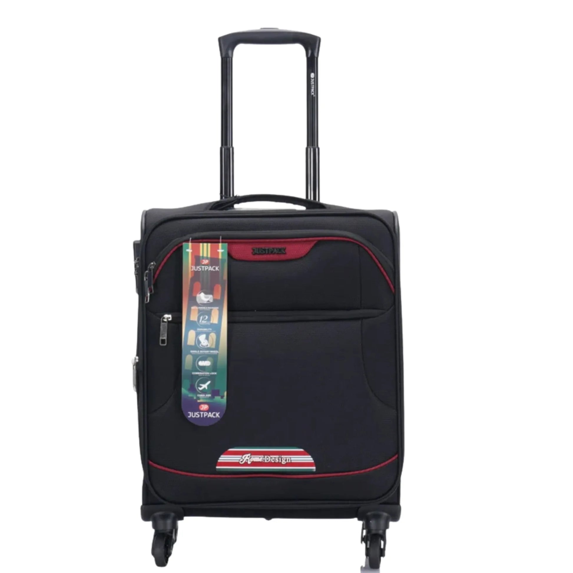 Black suitcase with a colorful tag on a white background