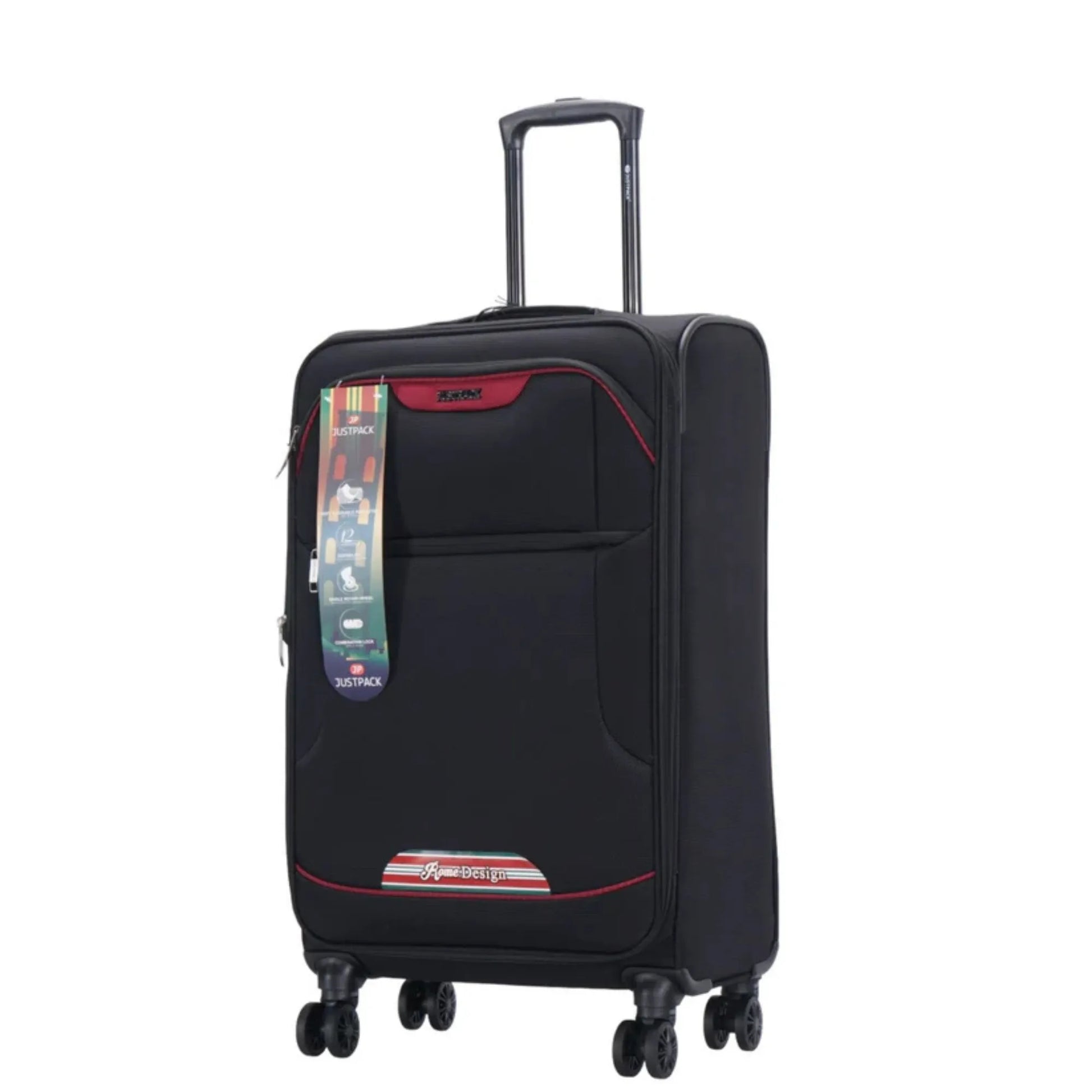 Black suitcase with a visible brand tag on a white background
