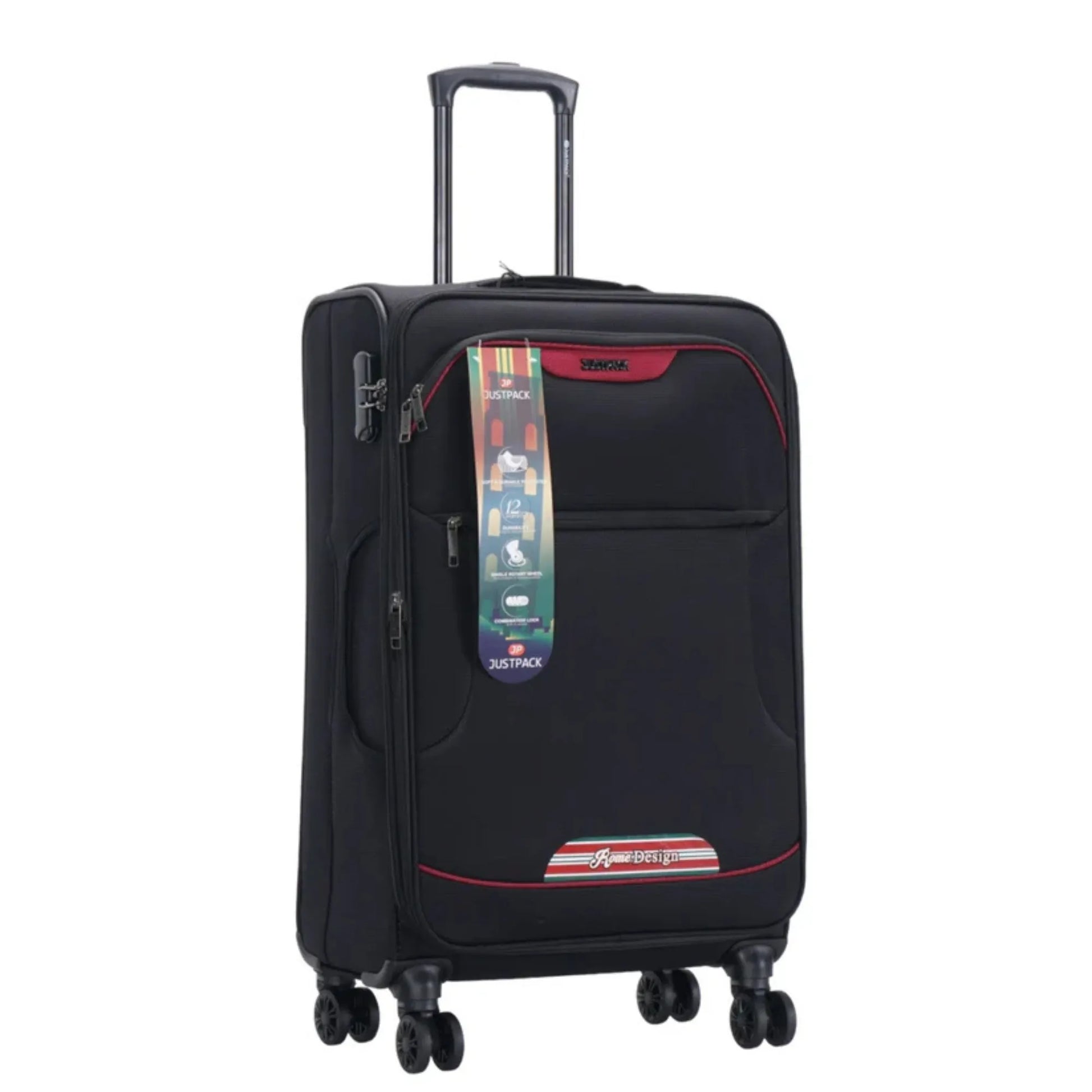 Black suitcase with colorful tag on a white background