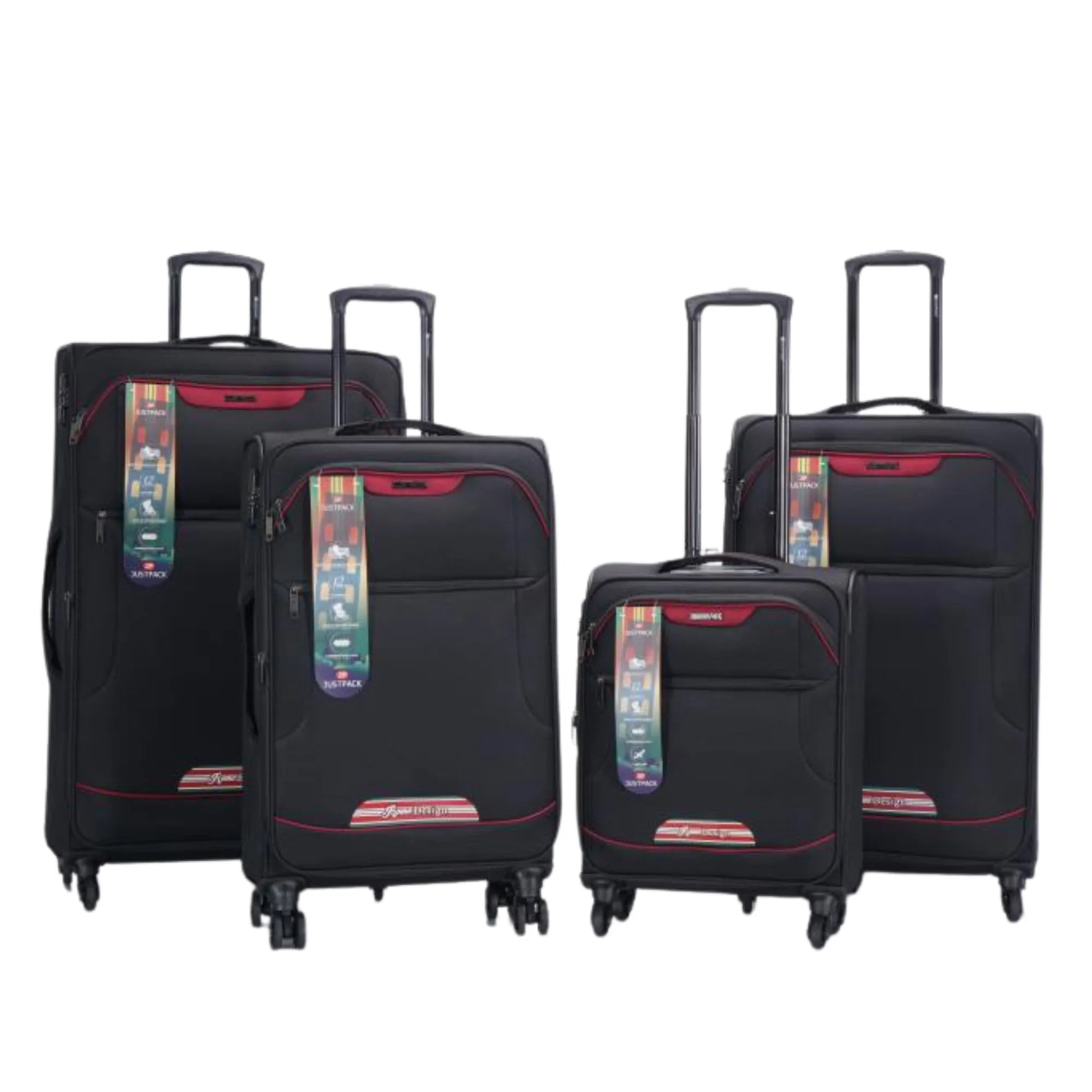 Set of black suitcases with colorful tags on a white background