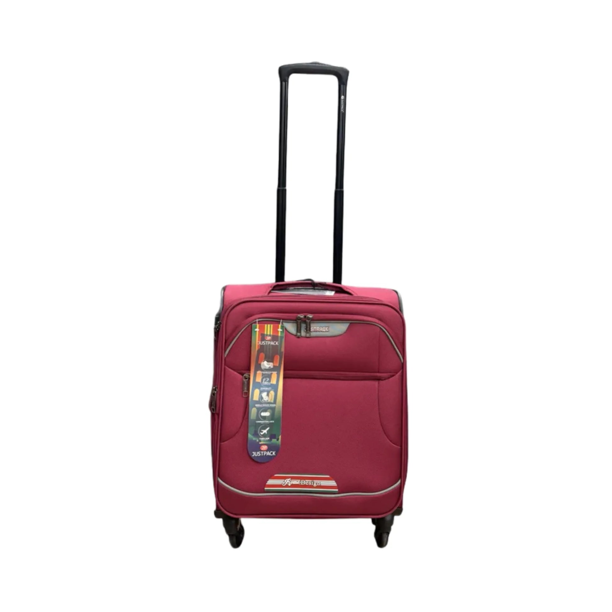 Red suitcase with a visible brand label on a white background