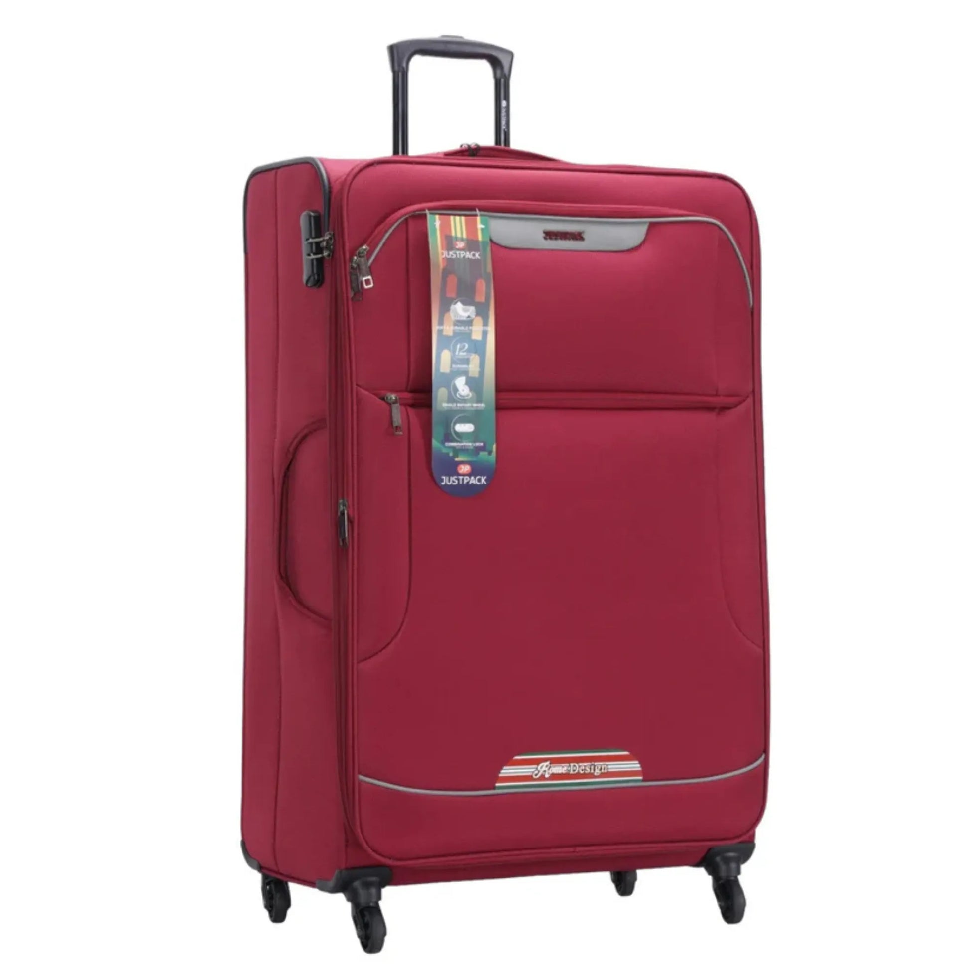 Red suitcase with a tag on a white background