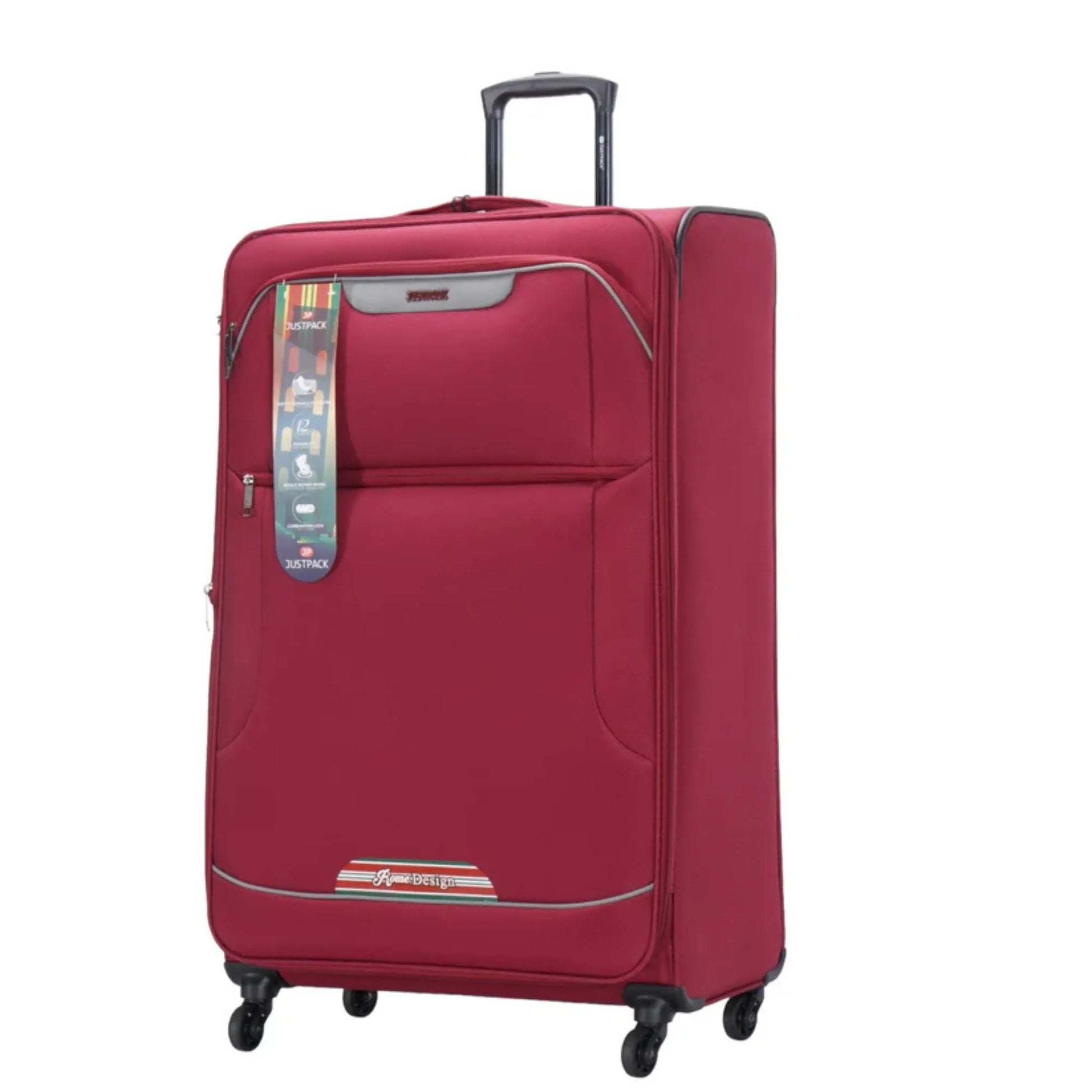 Red suitcase with a tag on a white background