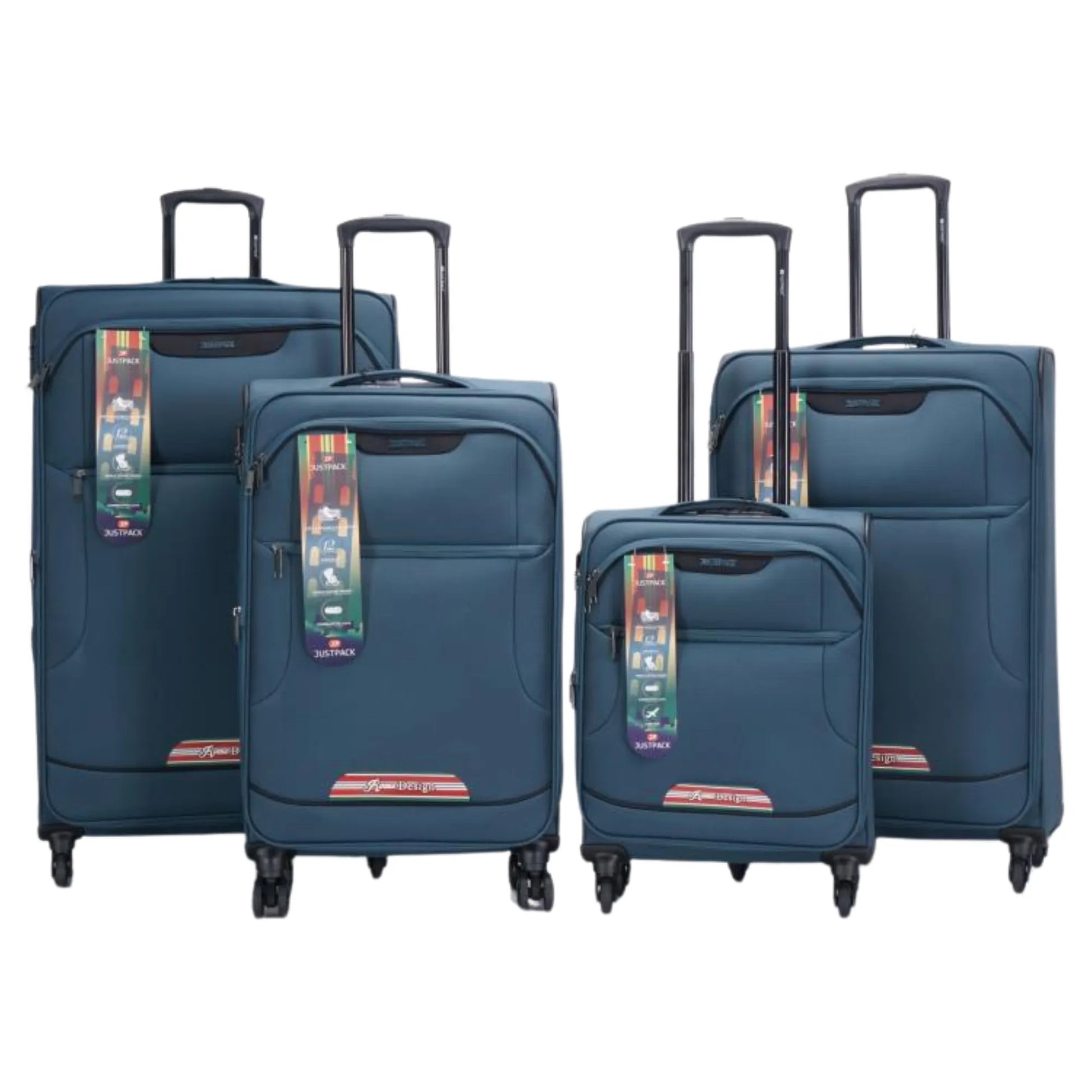 Set of blue suitcases with tags on a white background