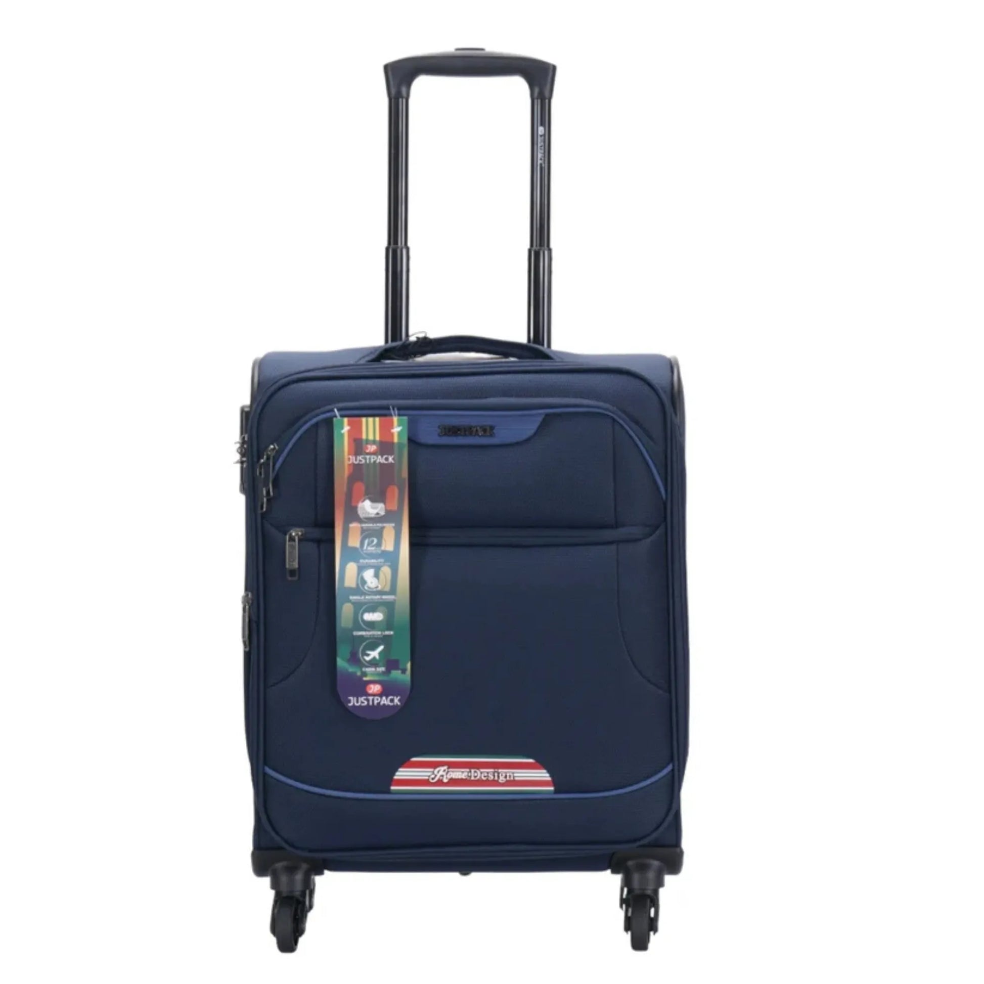 Blue suitcase with a colorful tag on a white background