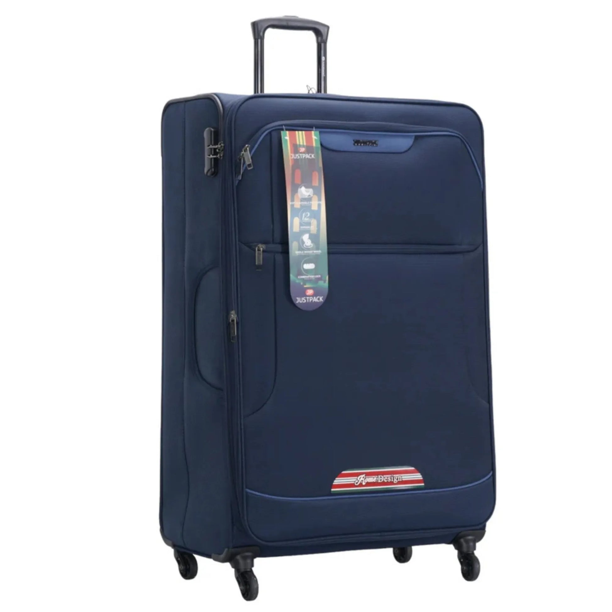 Blue suitcase with travel tags on a white background