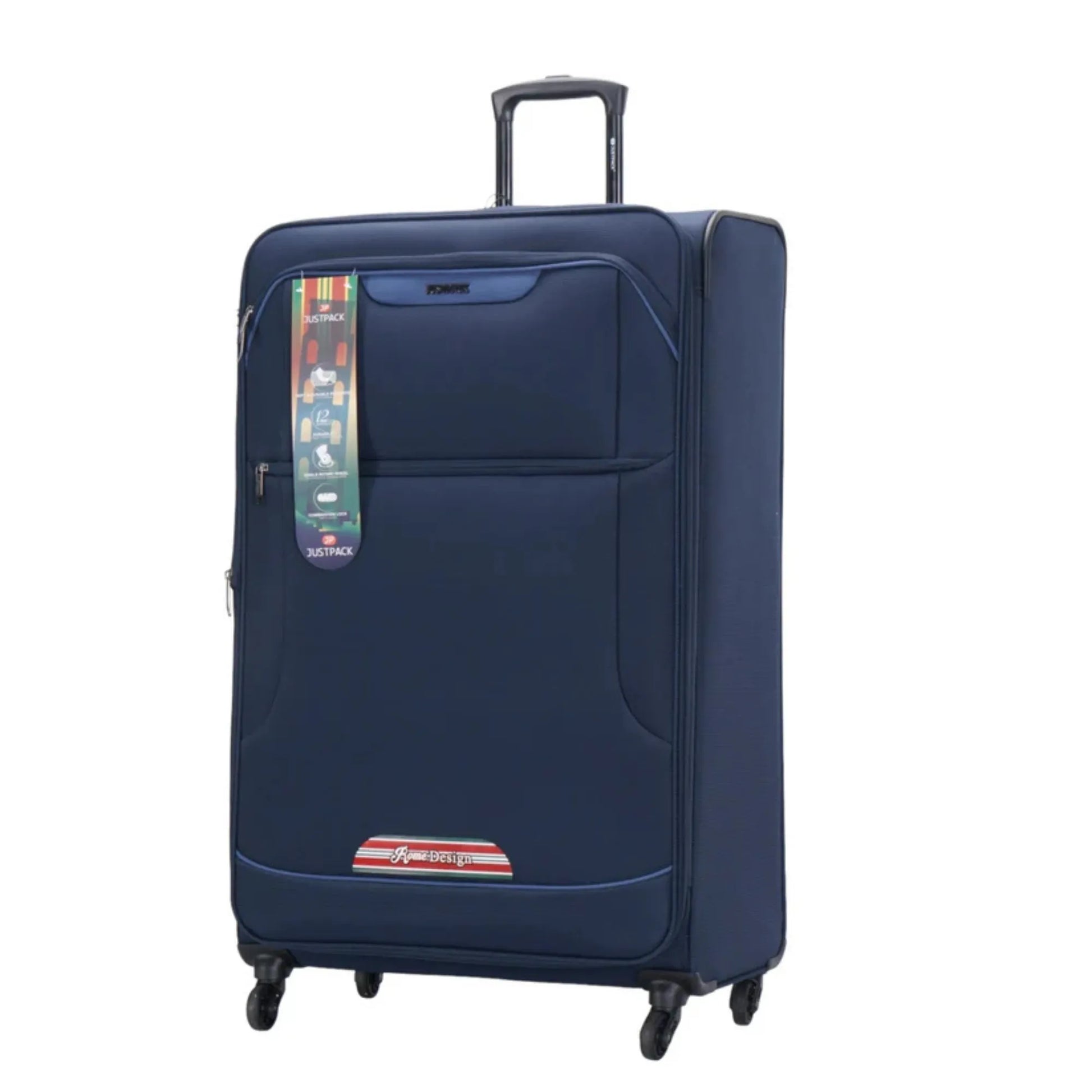 Blue suitcase with a tag on a white background