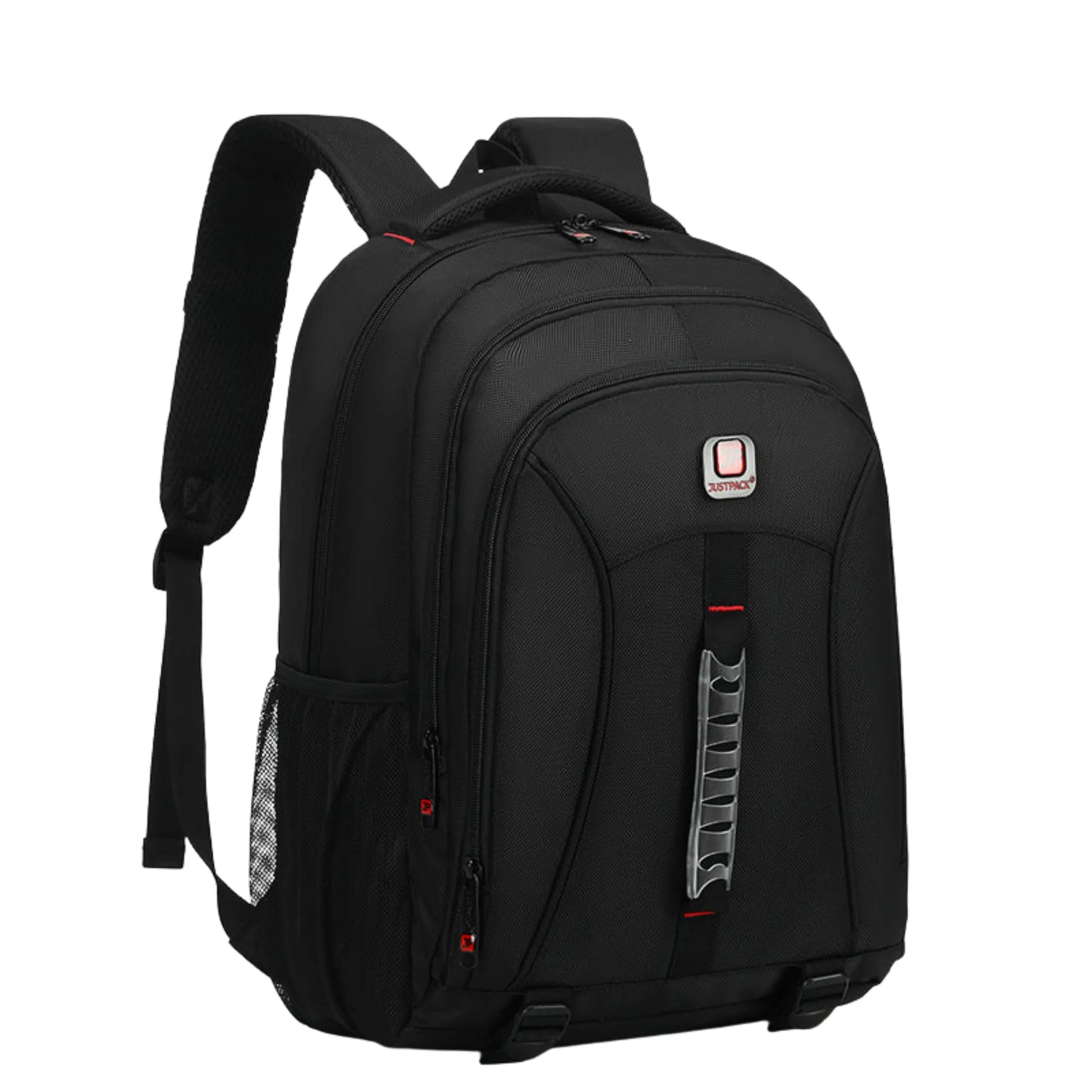 Black backpack with a visible brand logo on a white background