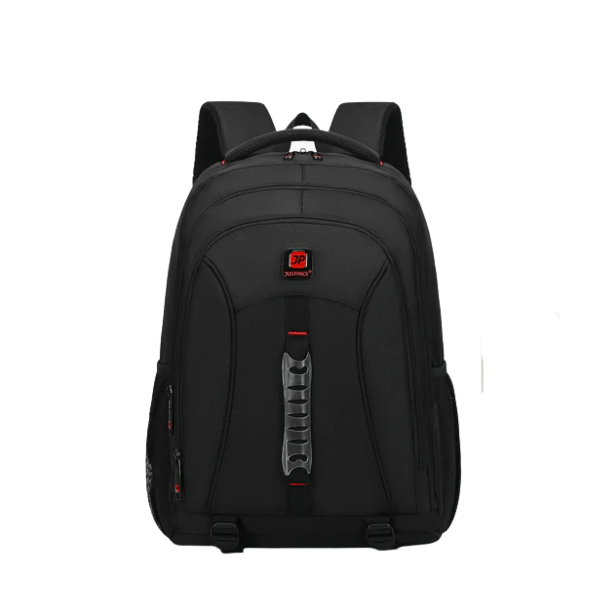 Black backpack with a visible brand logo on a white background