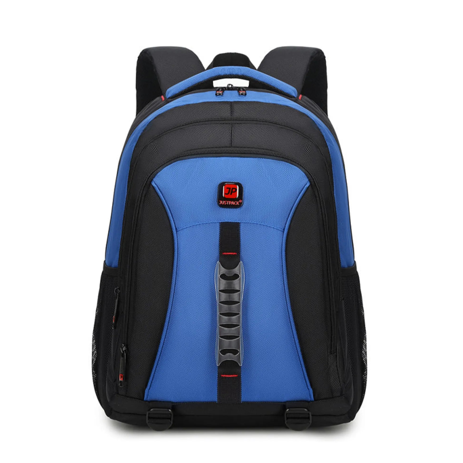 Blue and black backpack on a white background