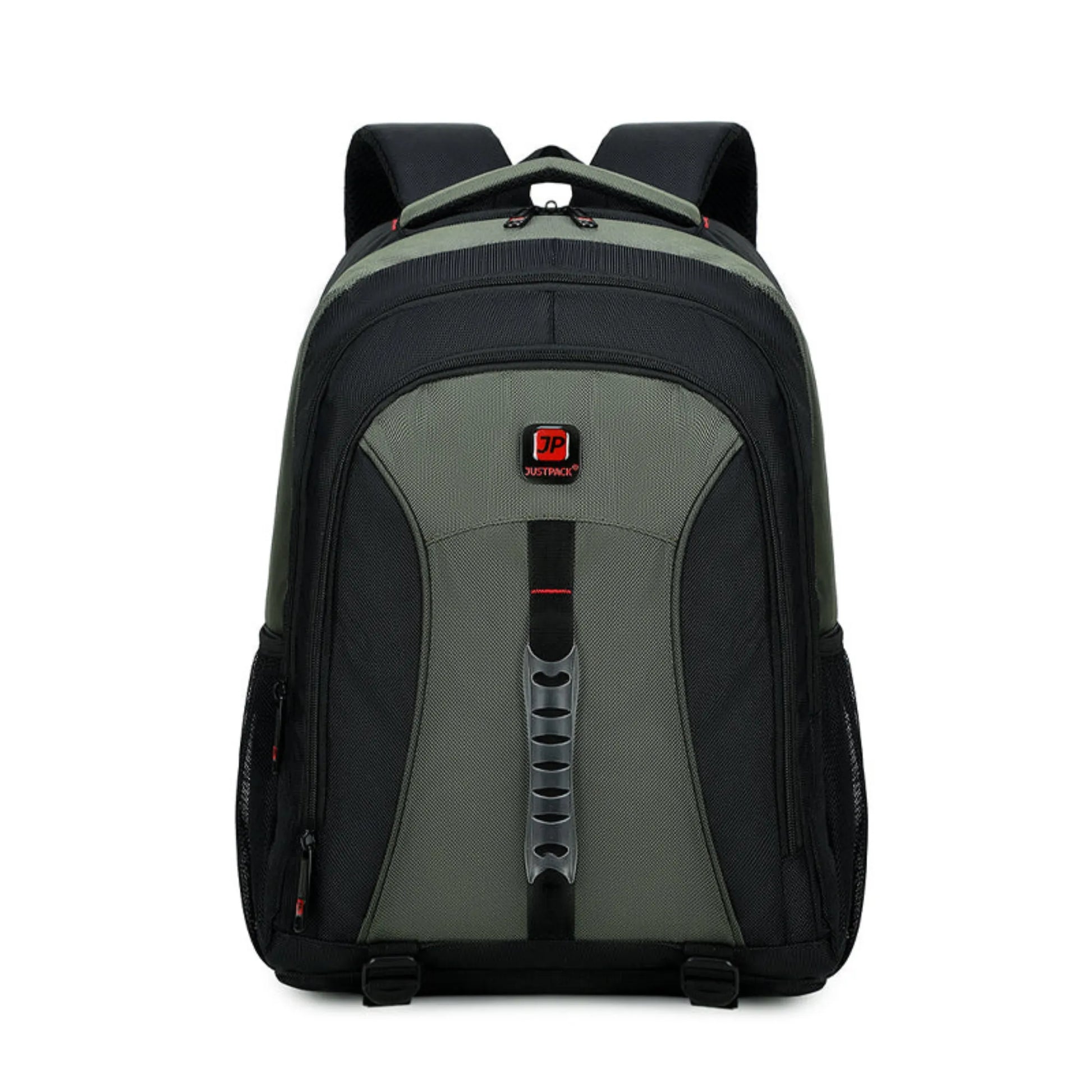 Gray and black backpack with a visible brand logo on a white background