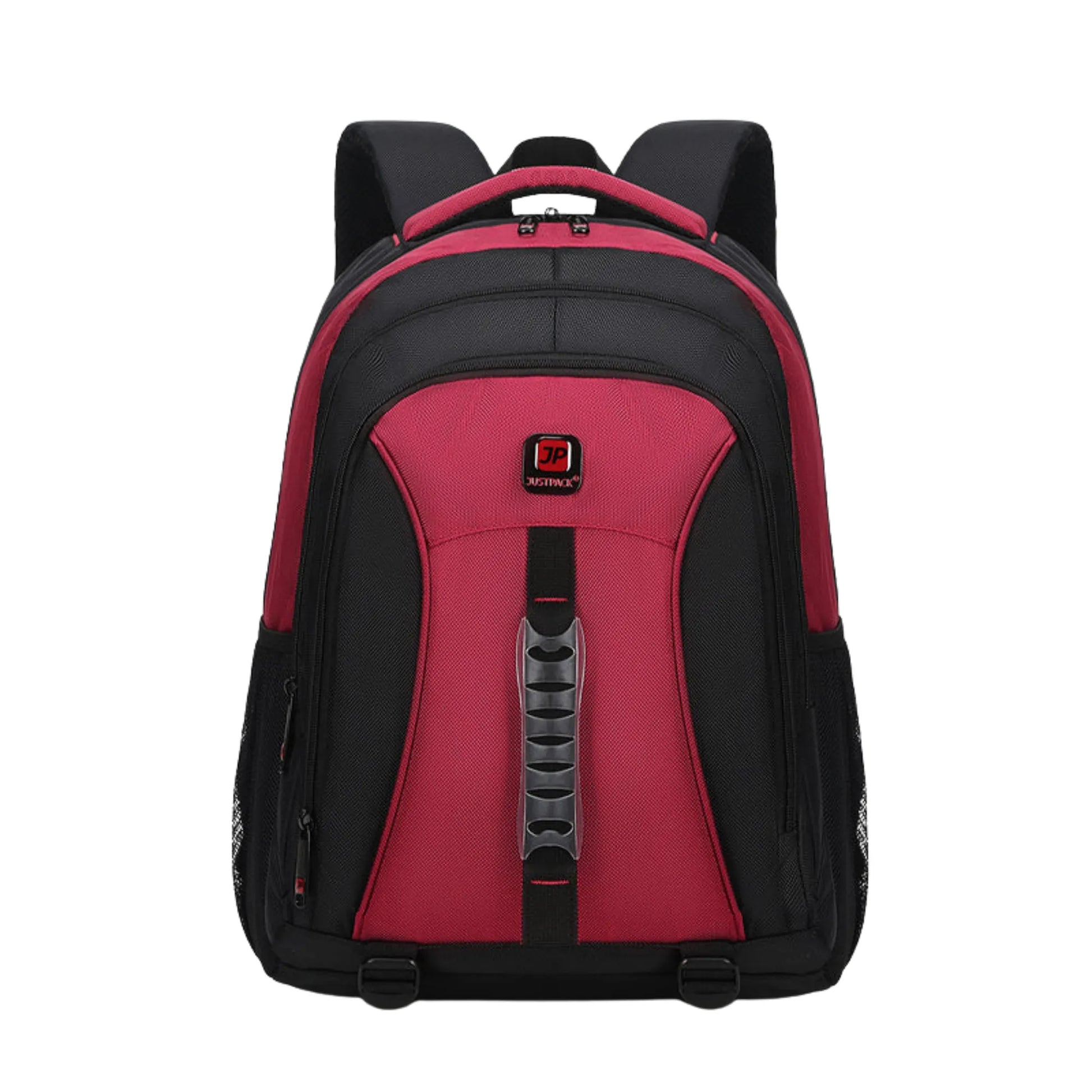 Black and red backpack on a white background