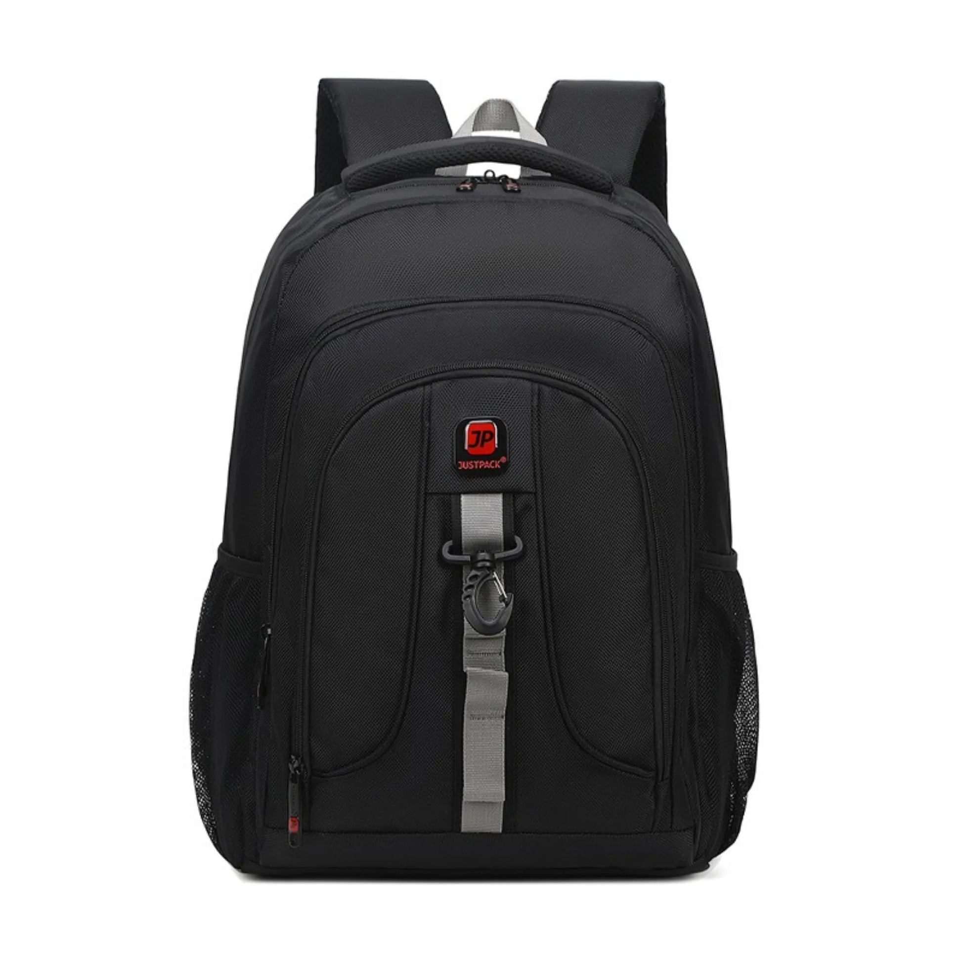 Black backpack with a visible brand logo on a white background