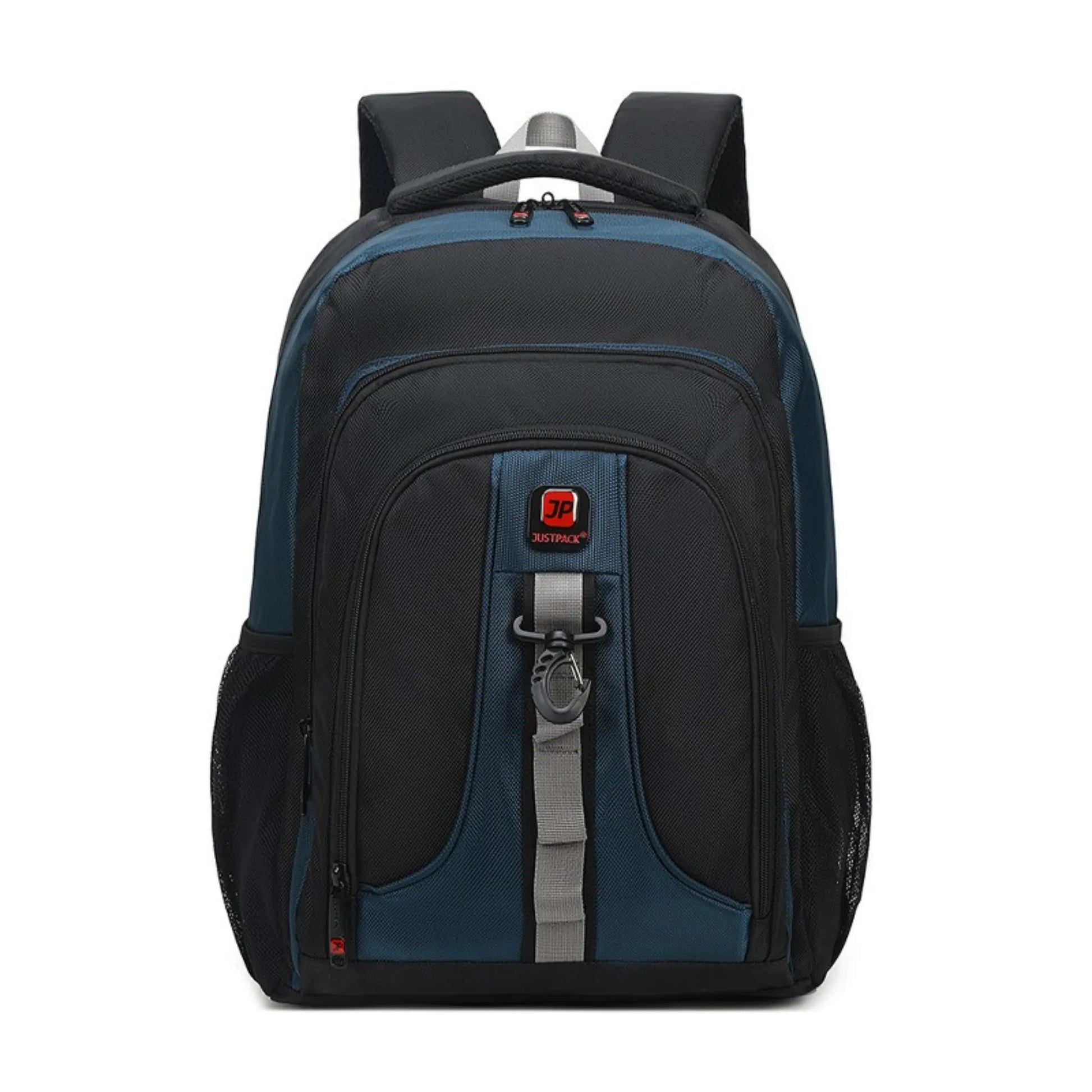 Black and blue backpack with visible brand logo on a white background
