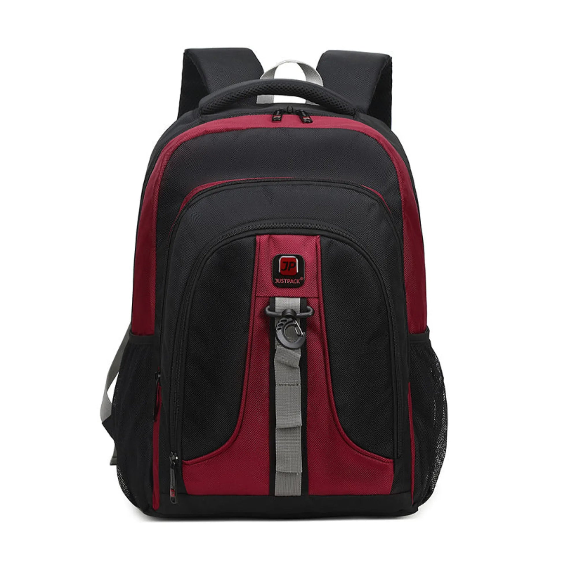 Black and red backpack on a white background