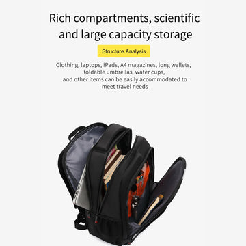 Black backpack with compartments open, showing its storage capacity on a white background.