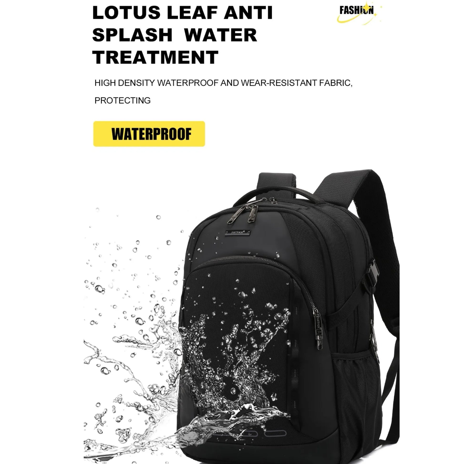 Black backpack with water splashes and text about Lotus Leaf Anti Splash Water Treatment on a white background.
