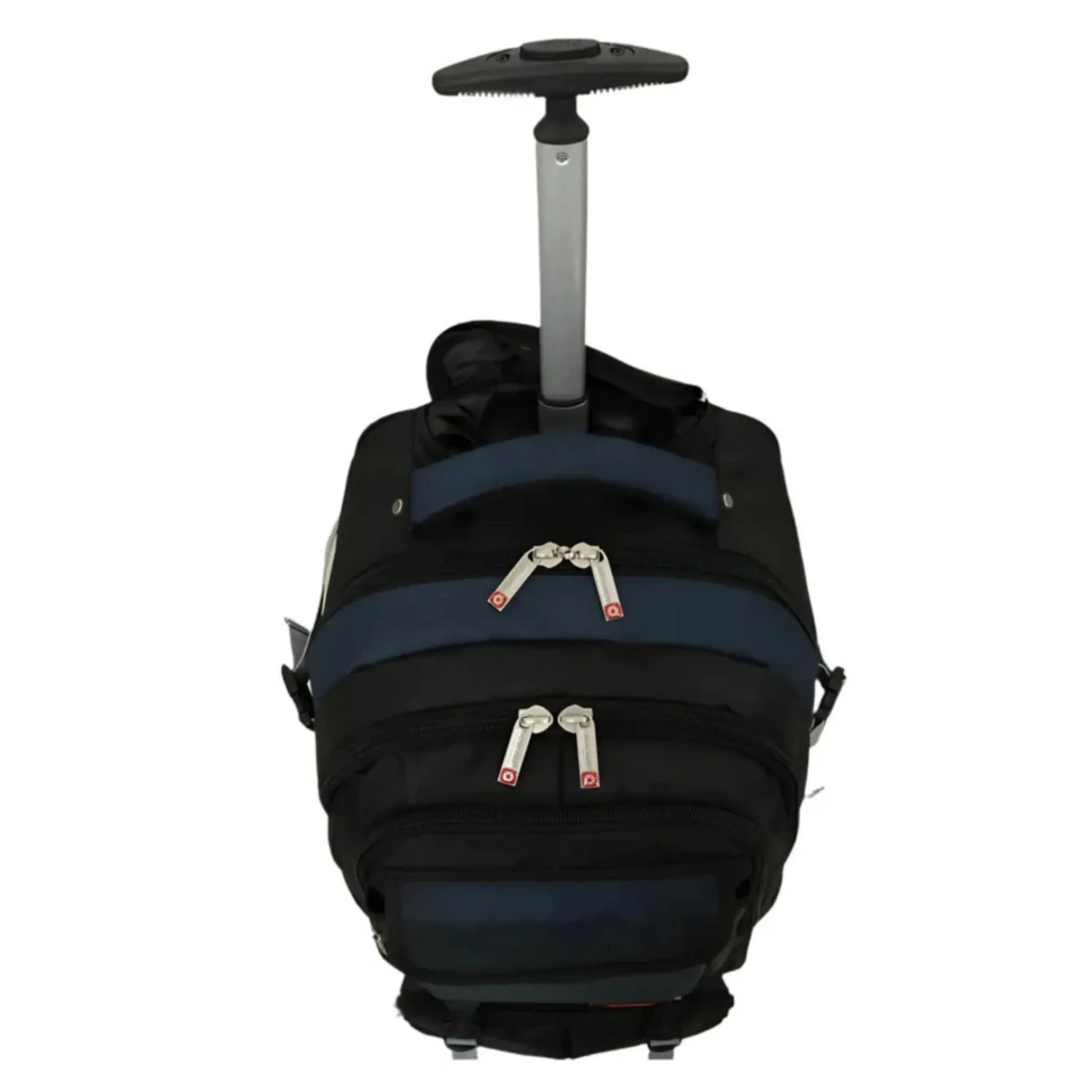 Black and blue rolling backpack on a white background