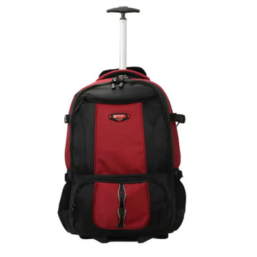 Red and black rolling backpack on a white background
