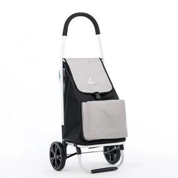 Black and gray shopping cart with a bag on a white background
