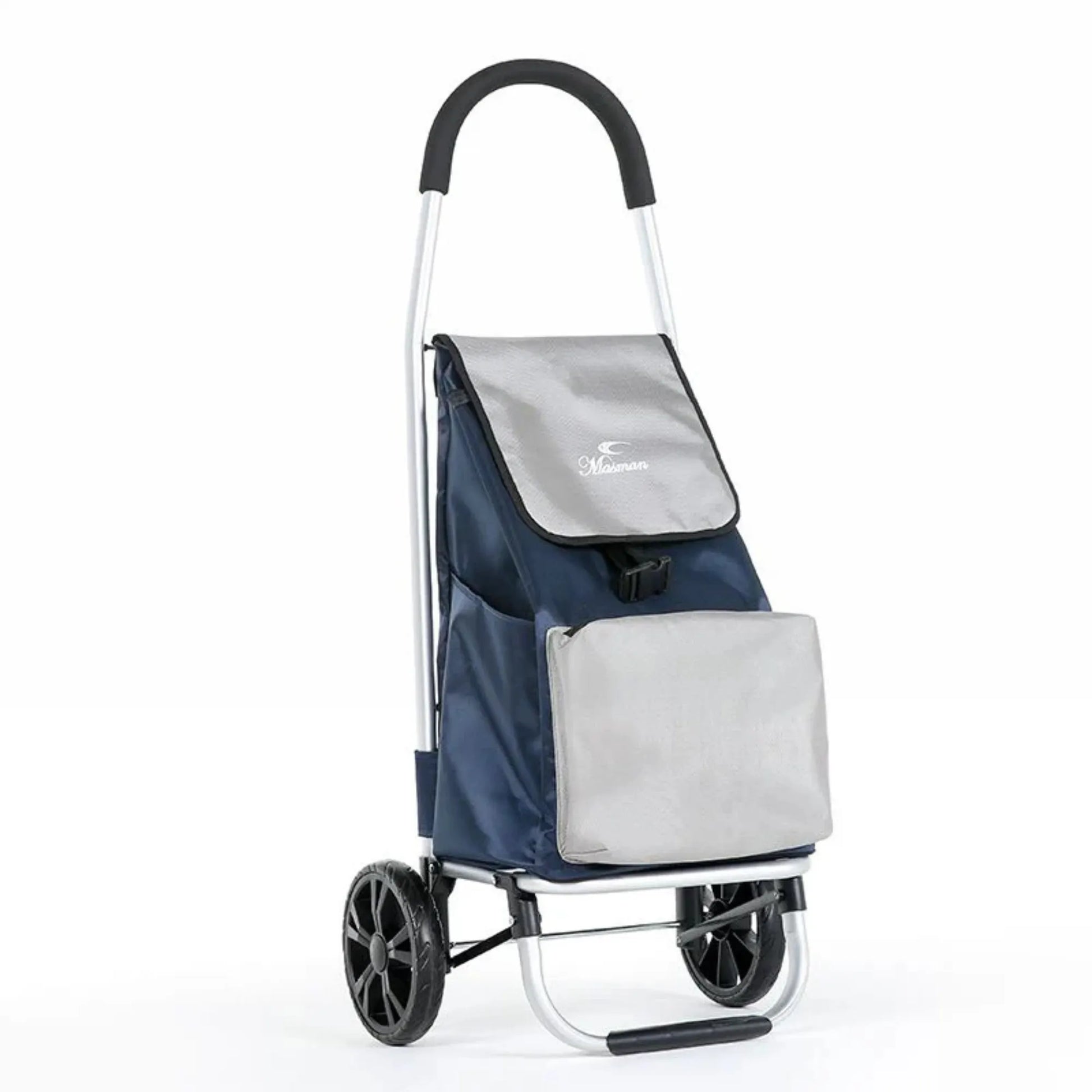 Blue and gray shopping cart with a visible brand logo on a white background