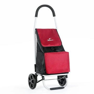 Red and black shopping cart with a visible brand logo on a white background