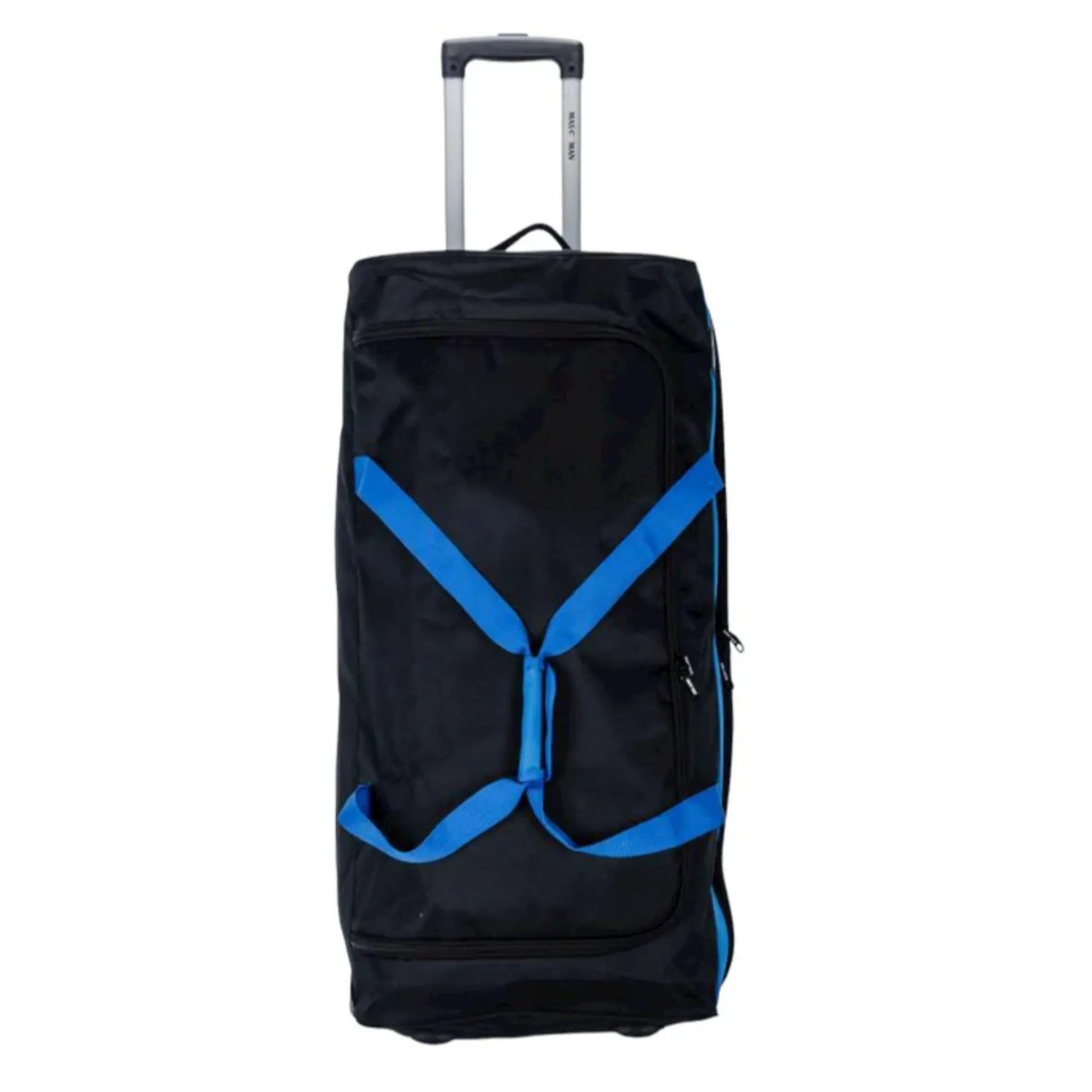Black rolling suitcase with blue accents on a white background