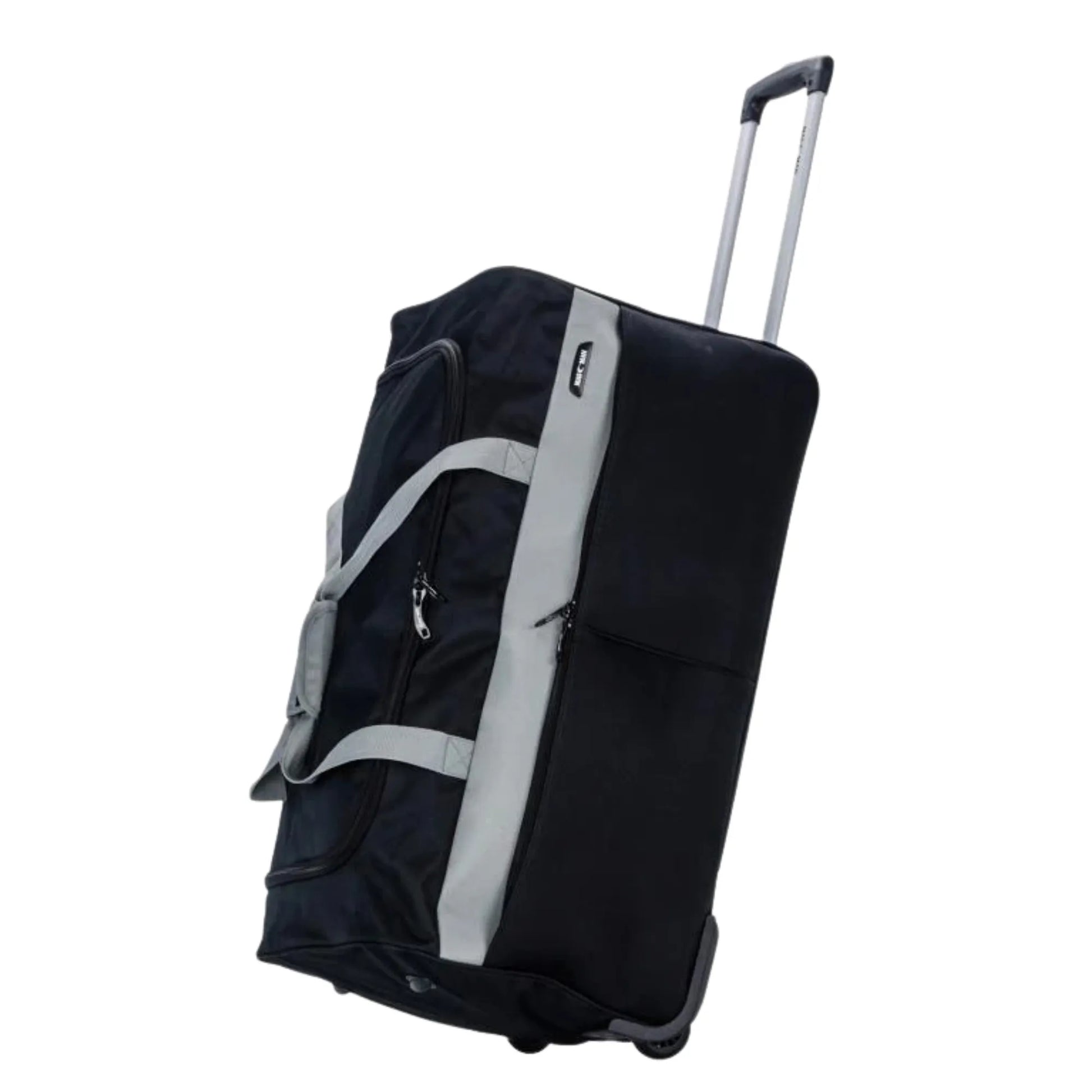 Black rolling duffel bag with gray accents on a white background