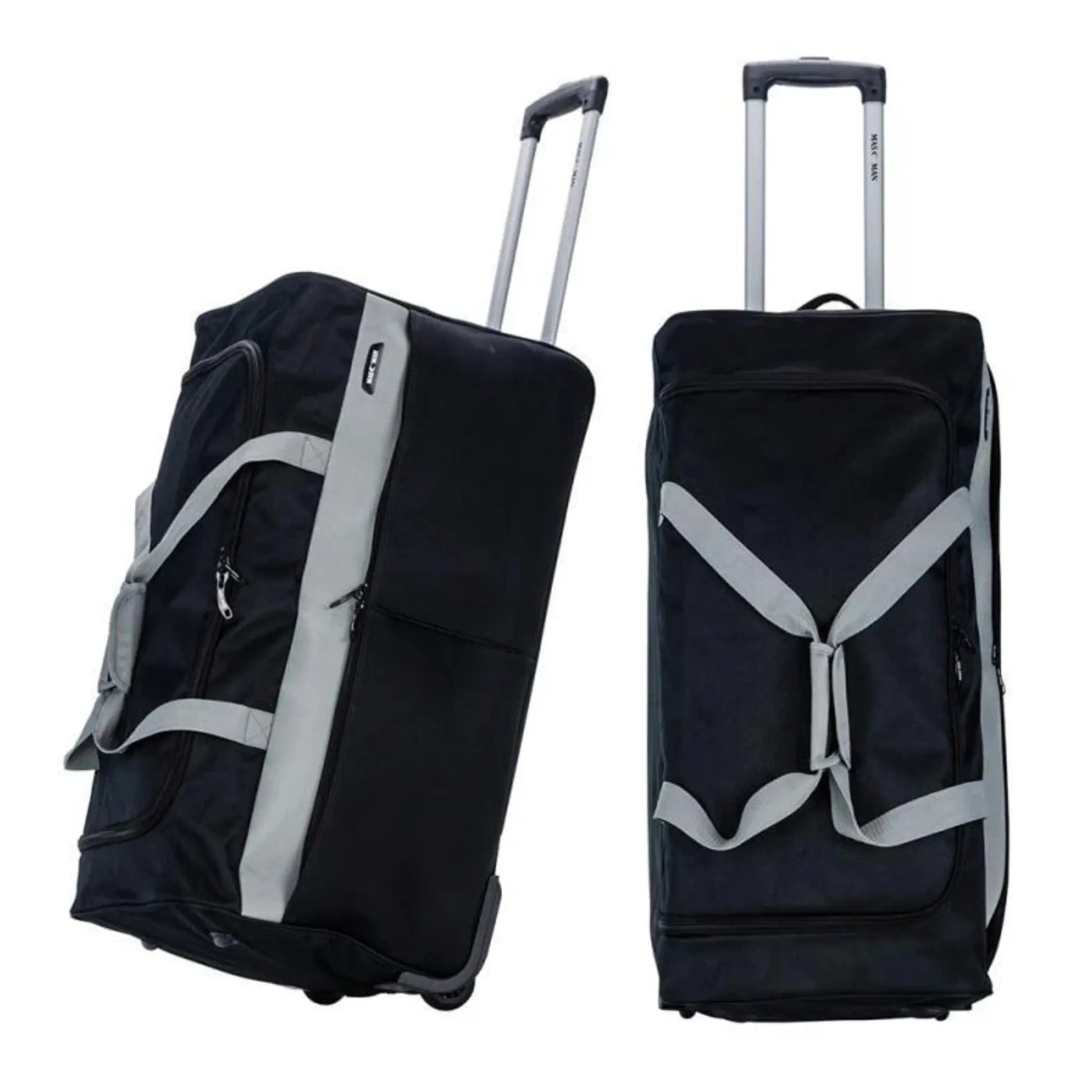 Black rolling duffel bag with gray accents on a white background