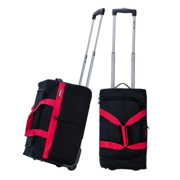 Black rolling suitcase with red accents on a white background