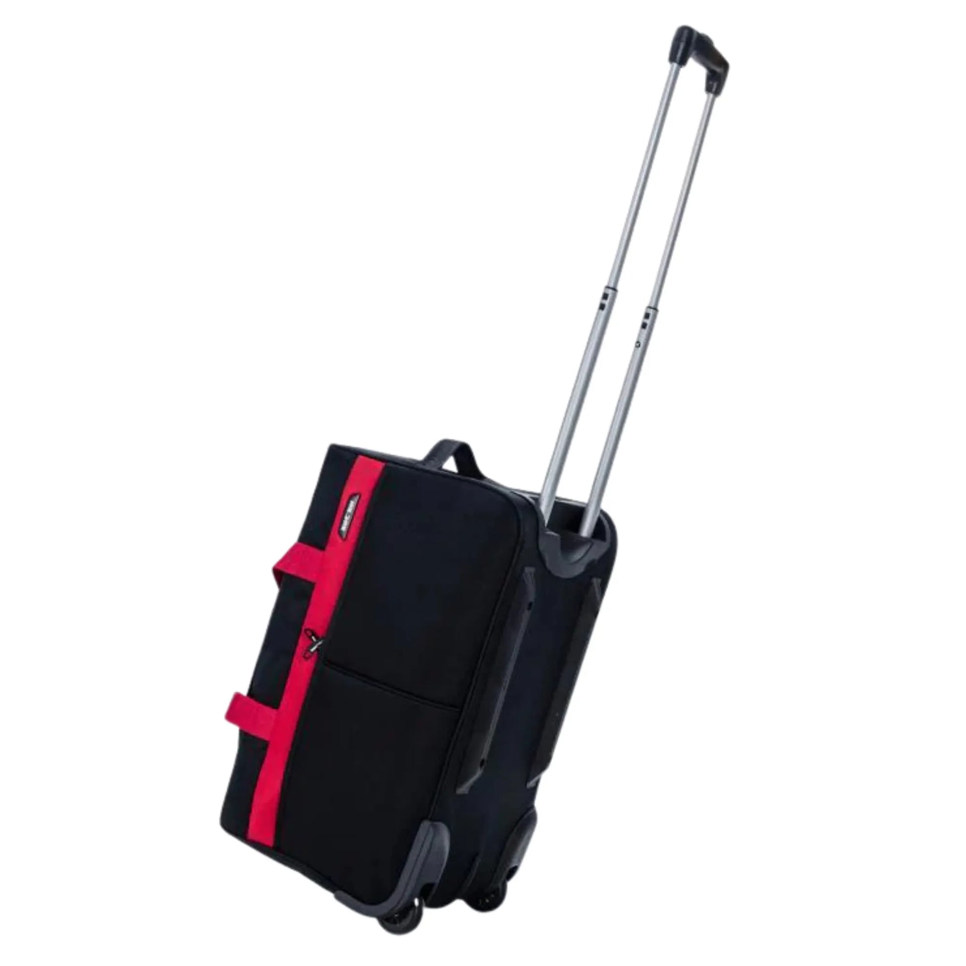 Black suitcase with a red strap on a white background