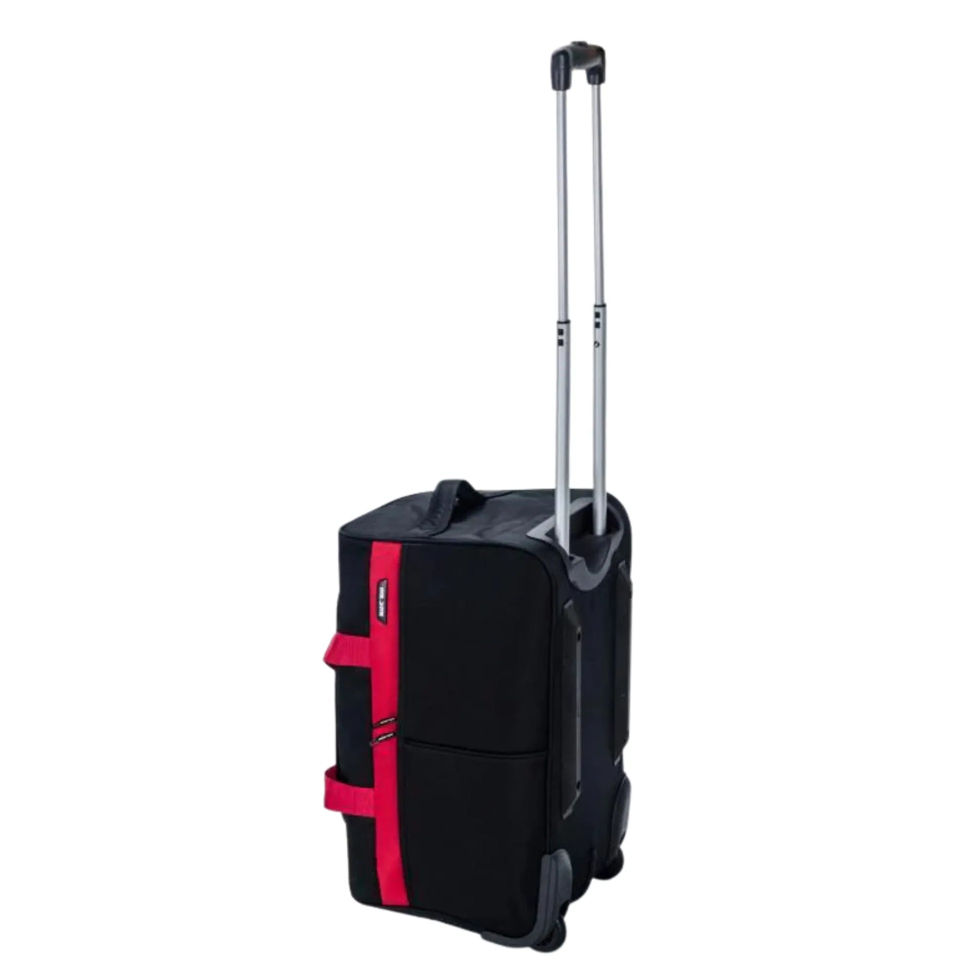 Black suitcase with a red strap on a white background